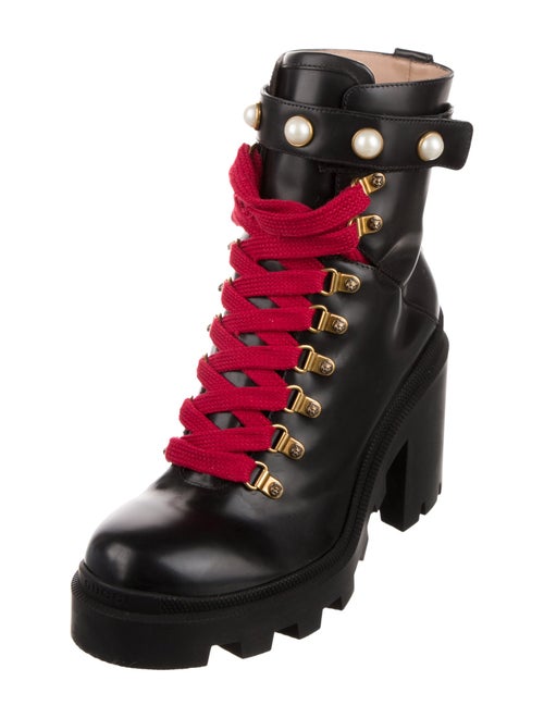 Gucci Faux Pearl Accents Leather Combat Boots