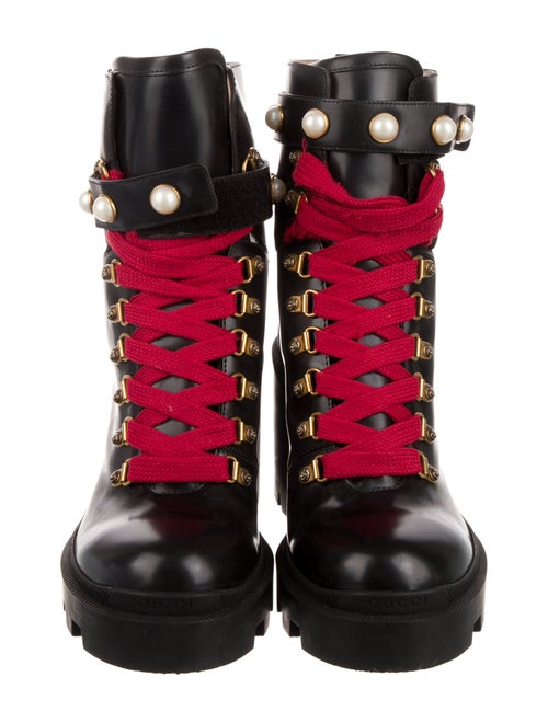 Gucci Faux Pearl Accents Leather Combat Boots