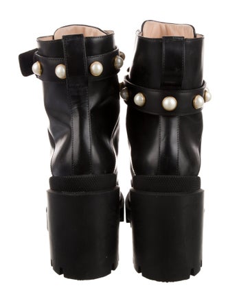 Gucci Faux Pearl Accents Leather Combat Boots