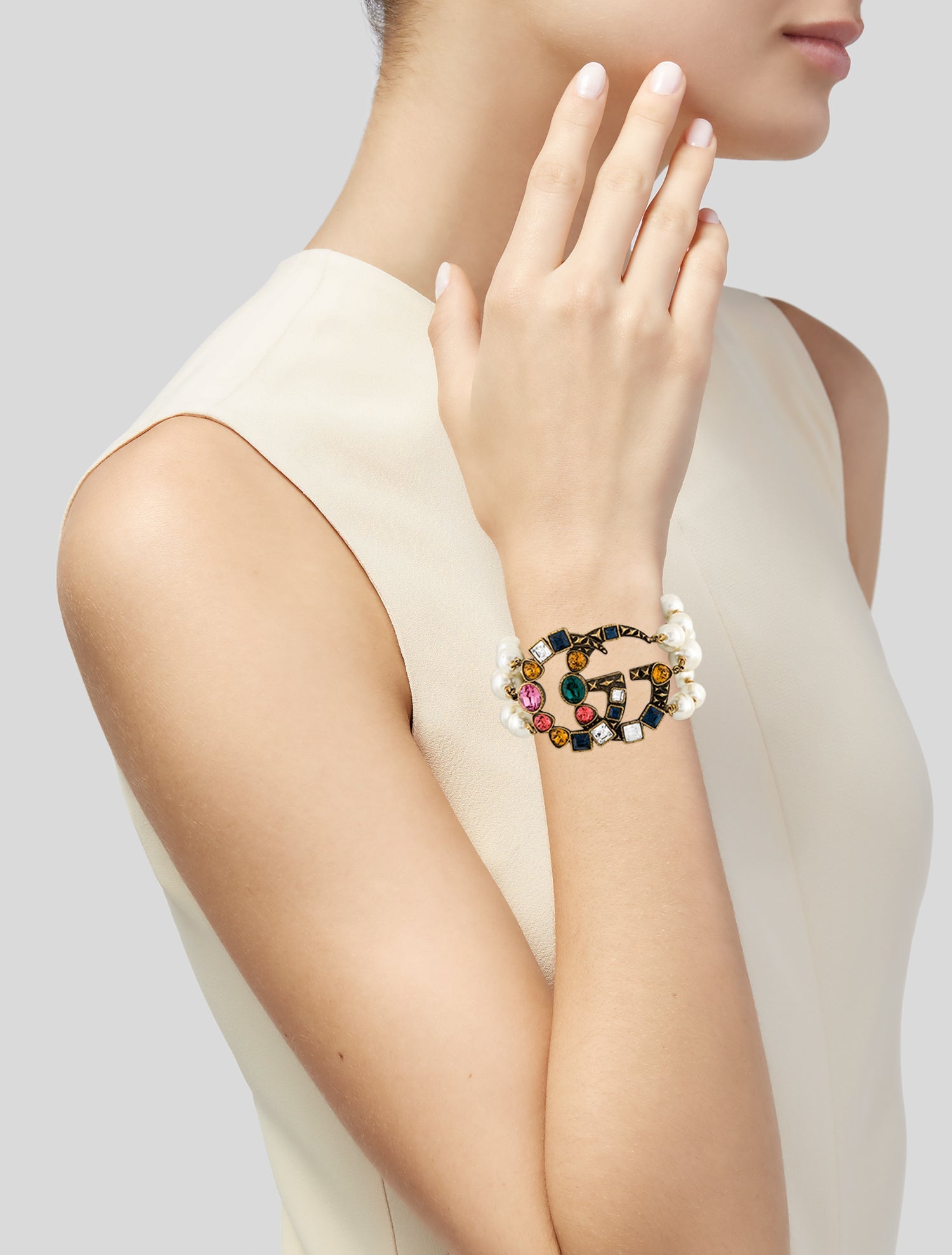 Gucci Faux Pearl & Crystal Double G Multistrand Bracelet