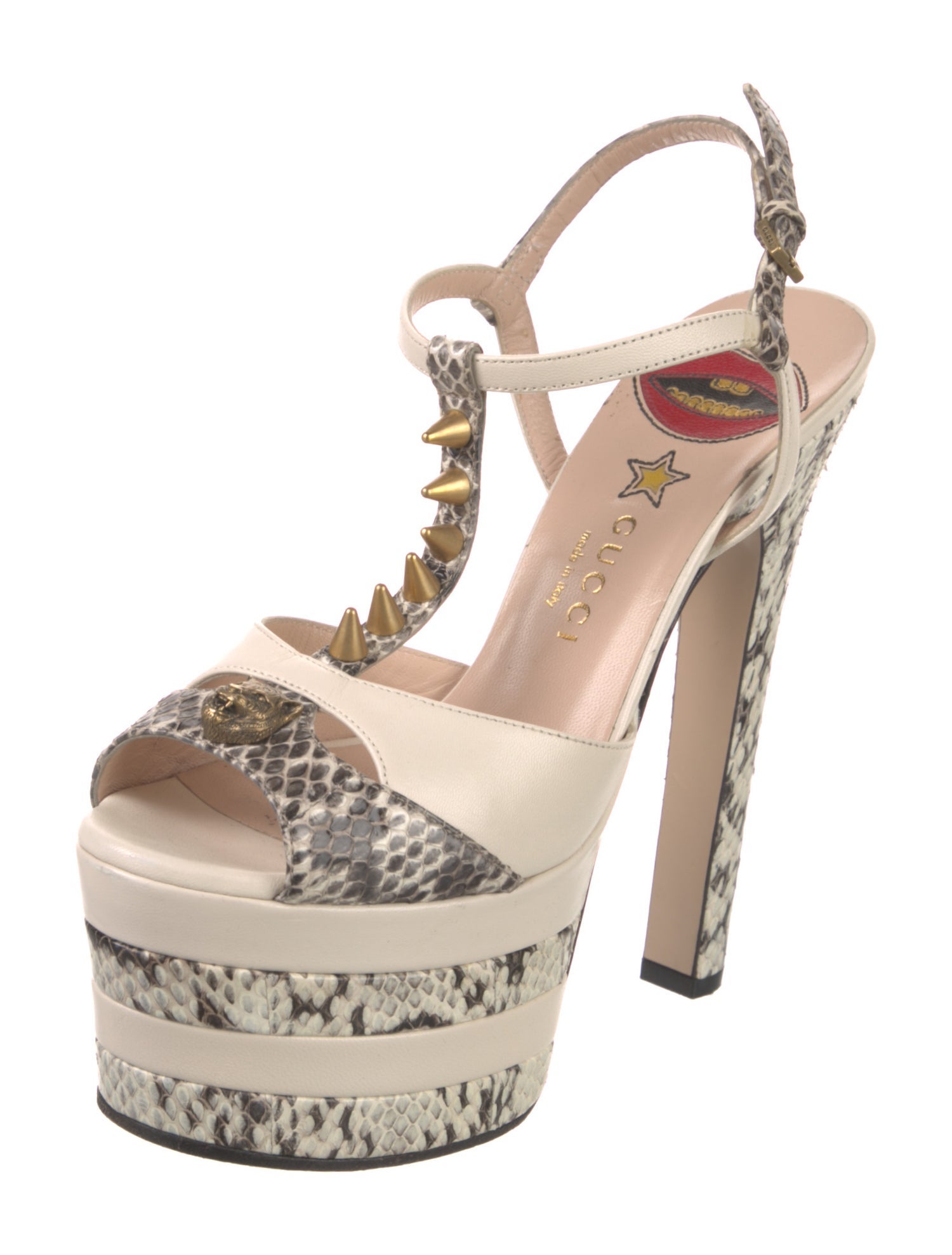 Gucci Feline Head Accent Snakeskin T-Strap Sandals