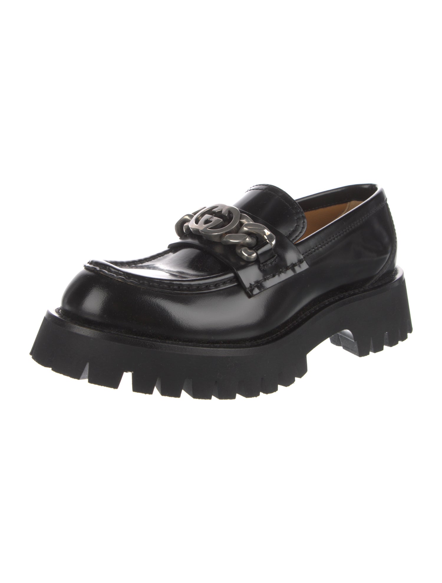 Gucci Patent Leather Chain-Link Accents Loafers