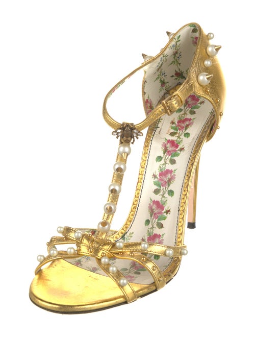 Gucci Faux Pearl Accents Leather T-Strap Sandals