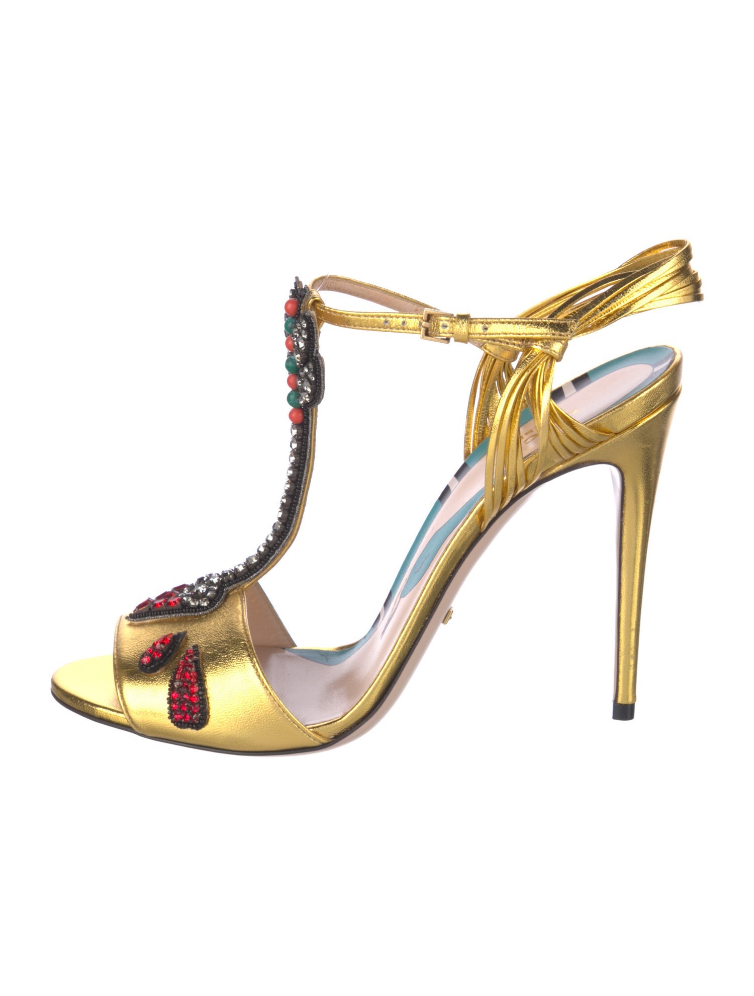 Gucci Leather Crystal Embellishments T-Strap Sandals