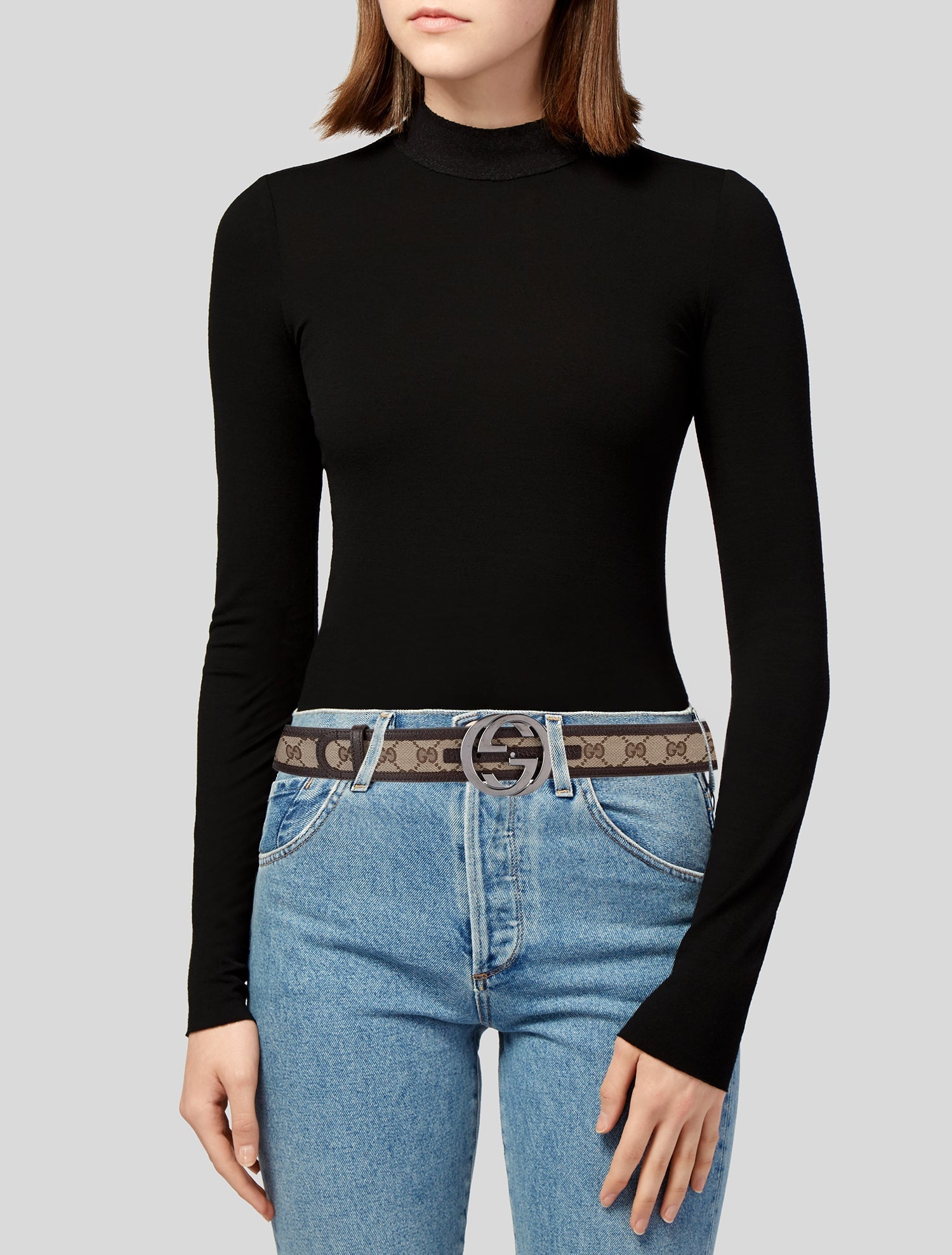 Gucci GG Canvas Leather Trim Embellishment Belt