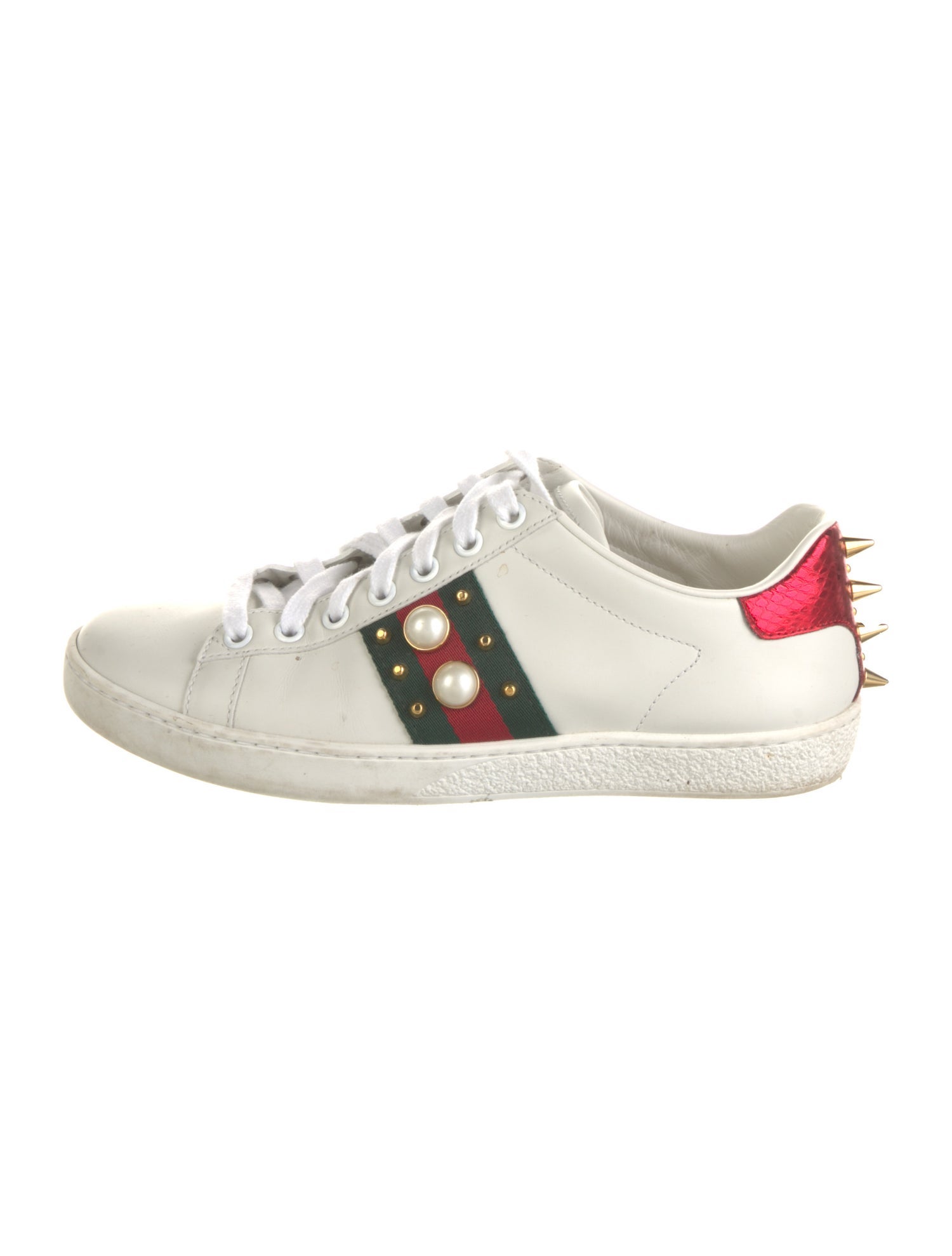 Gucci Faux Pearl Accents Leather Sneakers