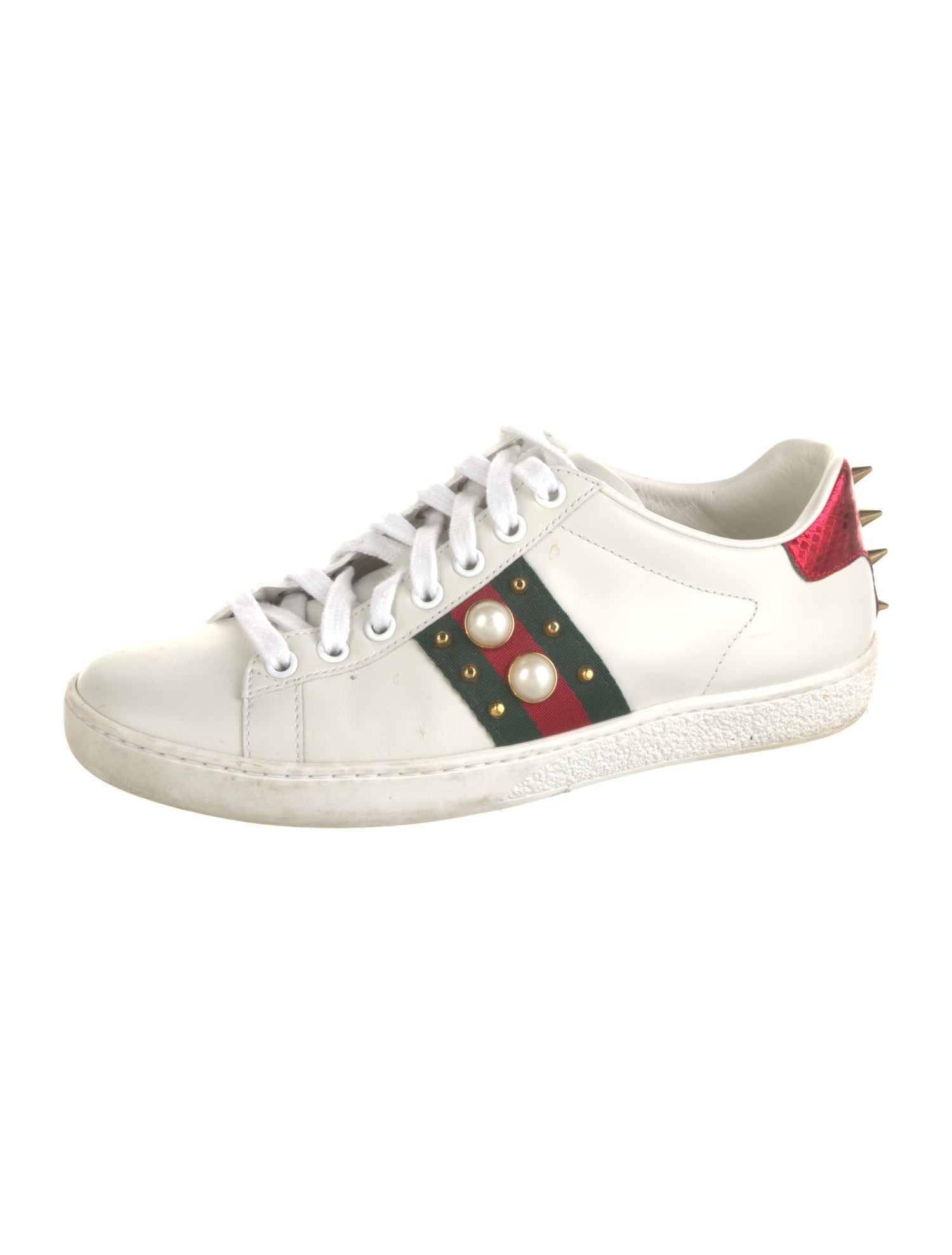 Gucci Faux Pearl Accents Leather Sneakers
