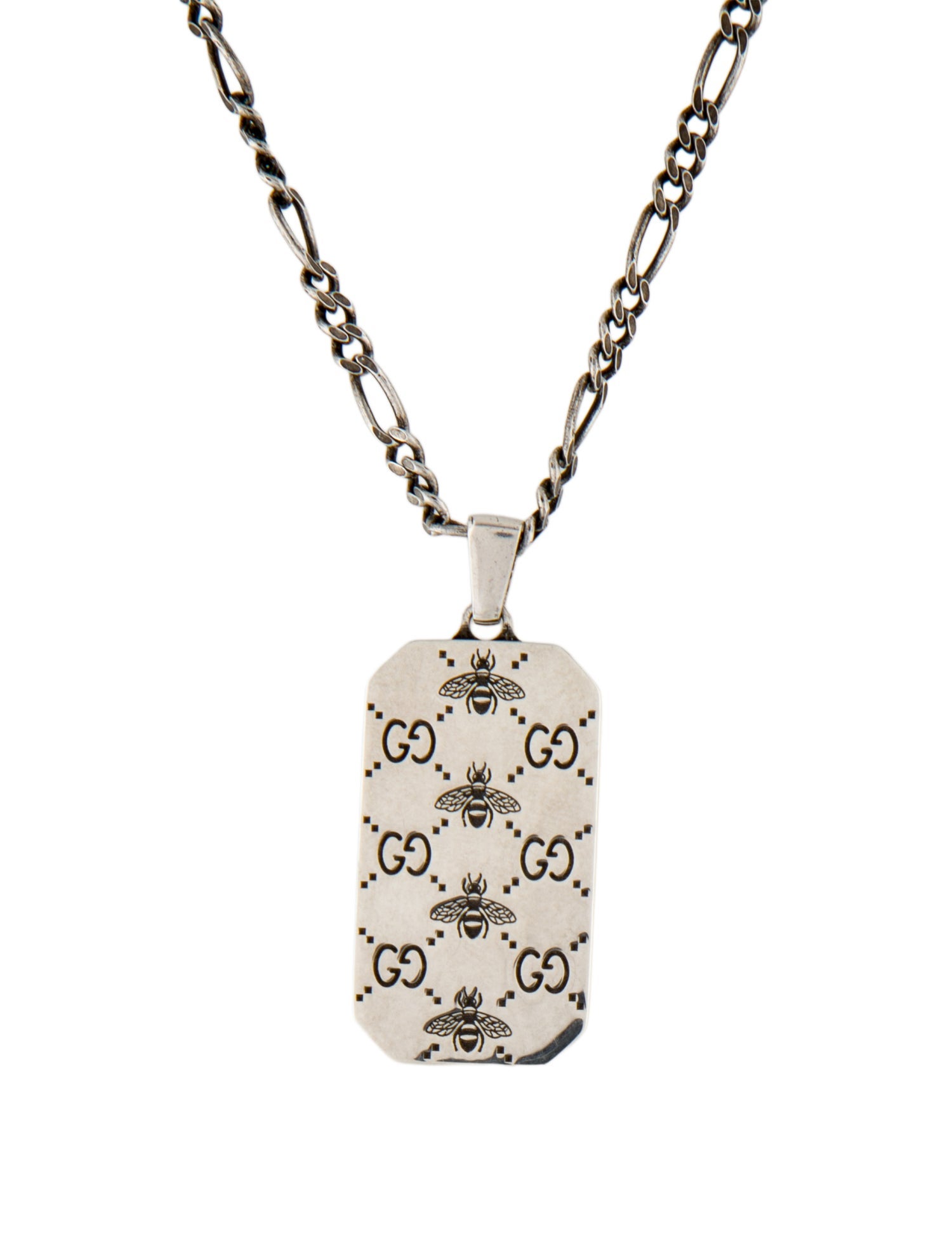 Gucci GG & Bee Engraved Dog Tag Necklace