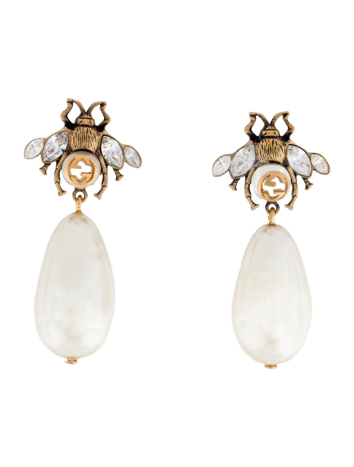 Gucci Crystal & Faux Pearl Bee Drop Earrings