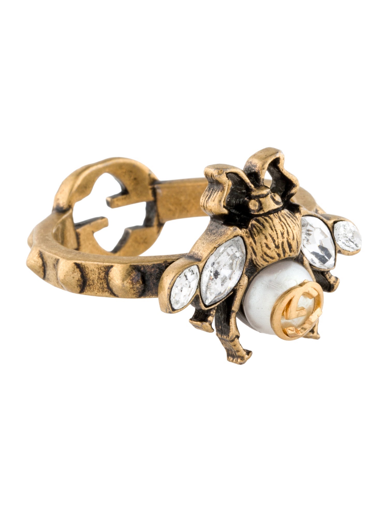 Gucci Crystal & Faux Pearl Interlocking G Ring