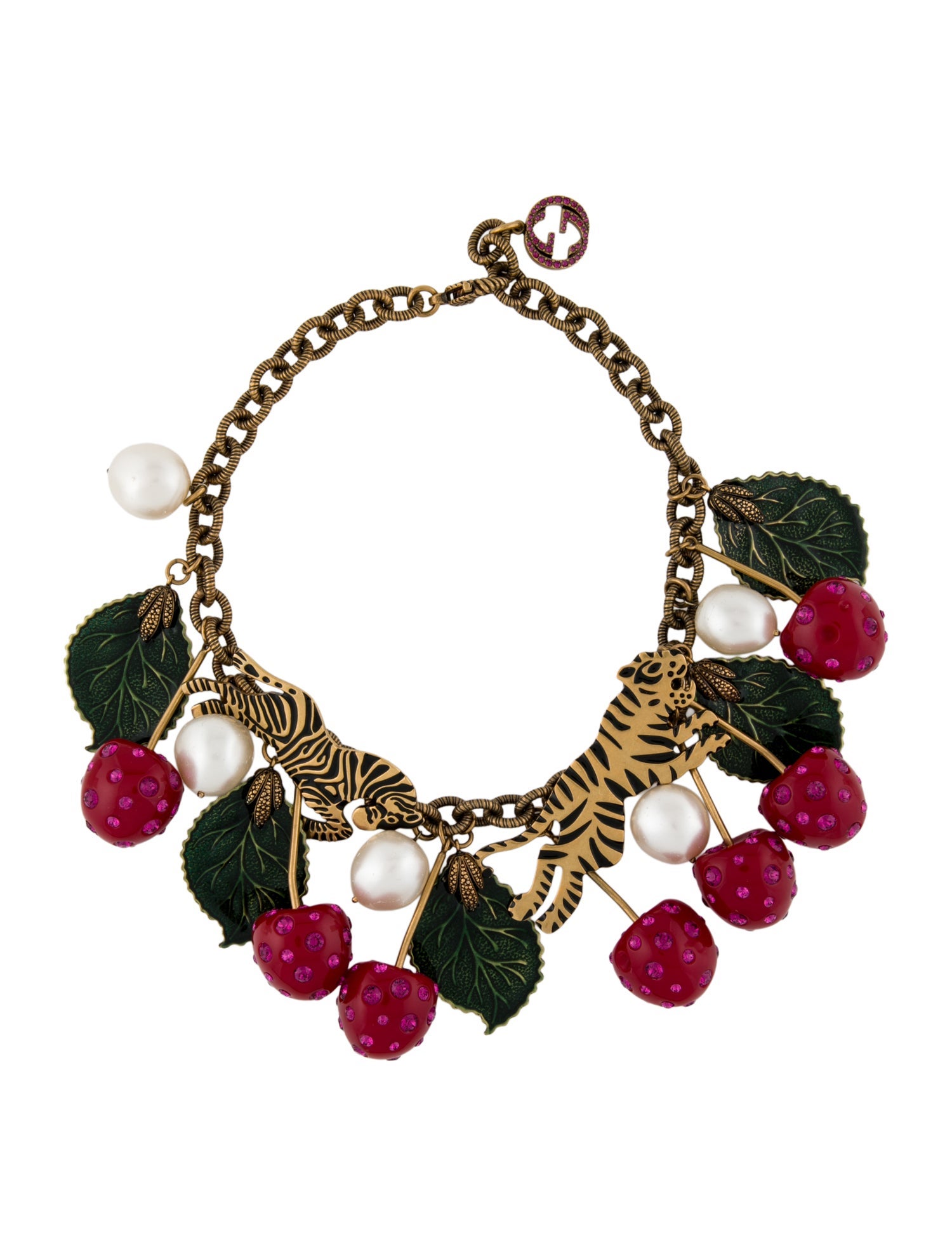 Gucci Faux Pearl, Resin, Enamel & Crystal Cherry Tiger Collar Necklace