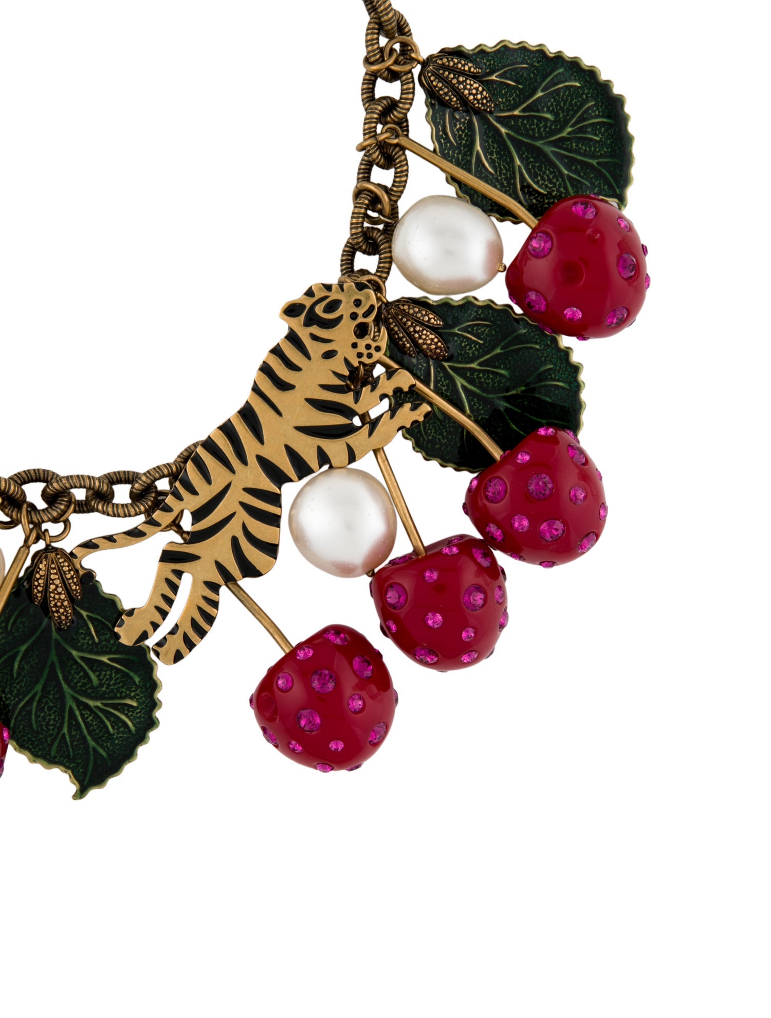 Gucci Faux Pearl, Resin, Enamel & Crystal Cherry Tiger Collar Necklace