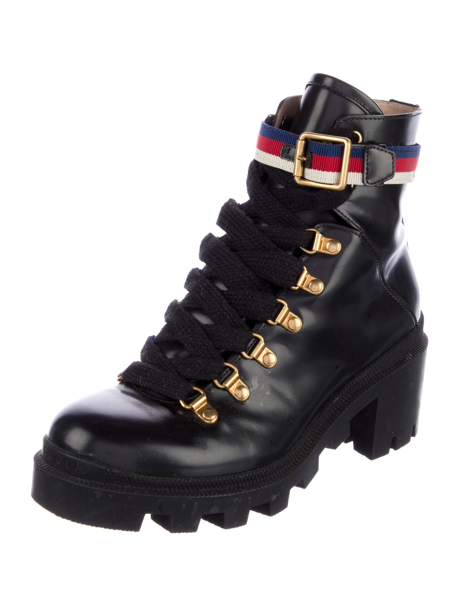 Gucci Sylvie Web Accent Leather Combat Boots