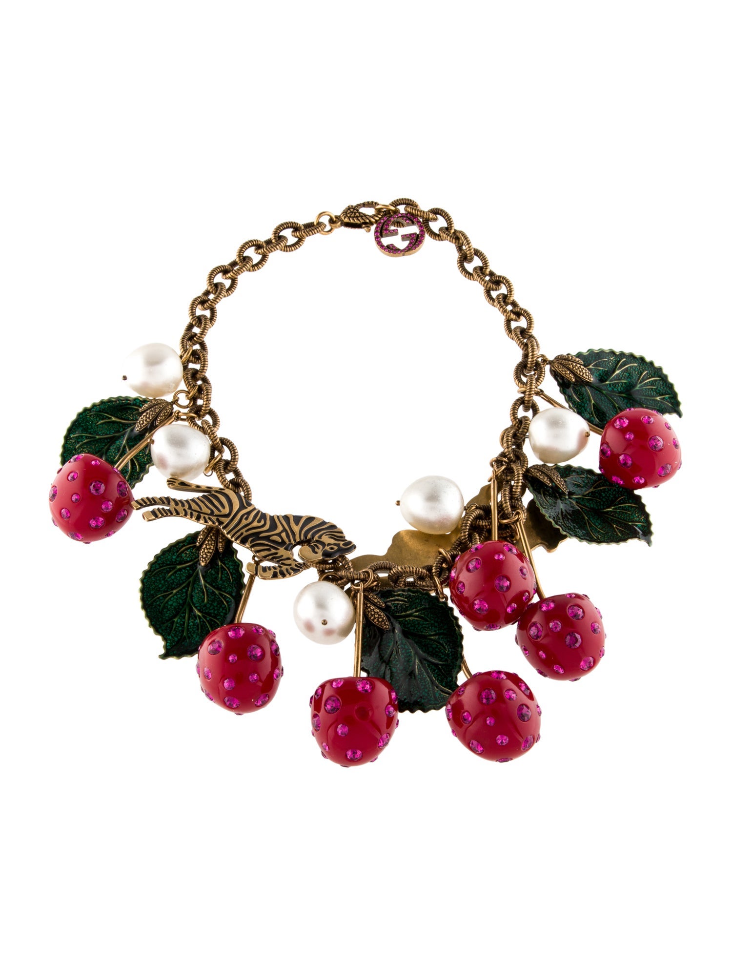 Gucci Faux Pearl, Resin, Enamel & Crystal Cherry Tiger Collar Necklace