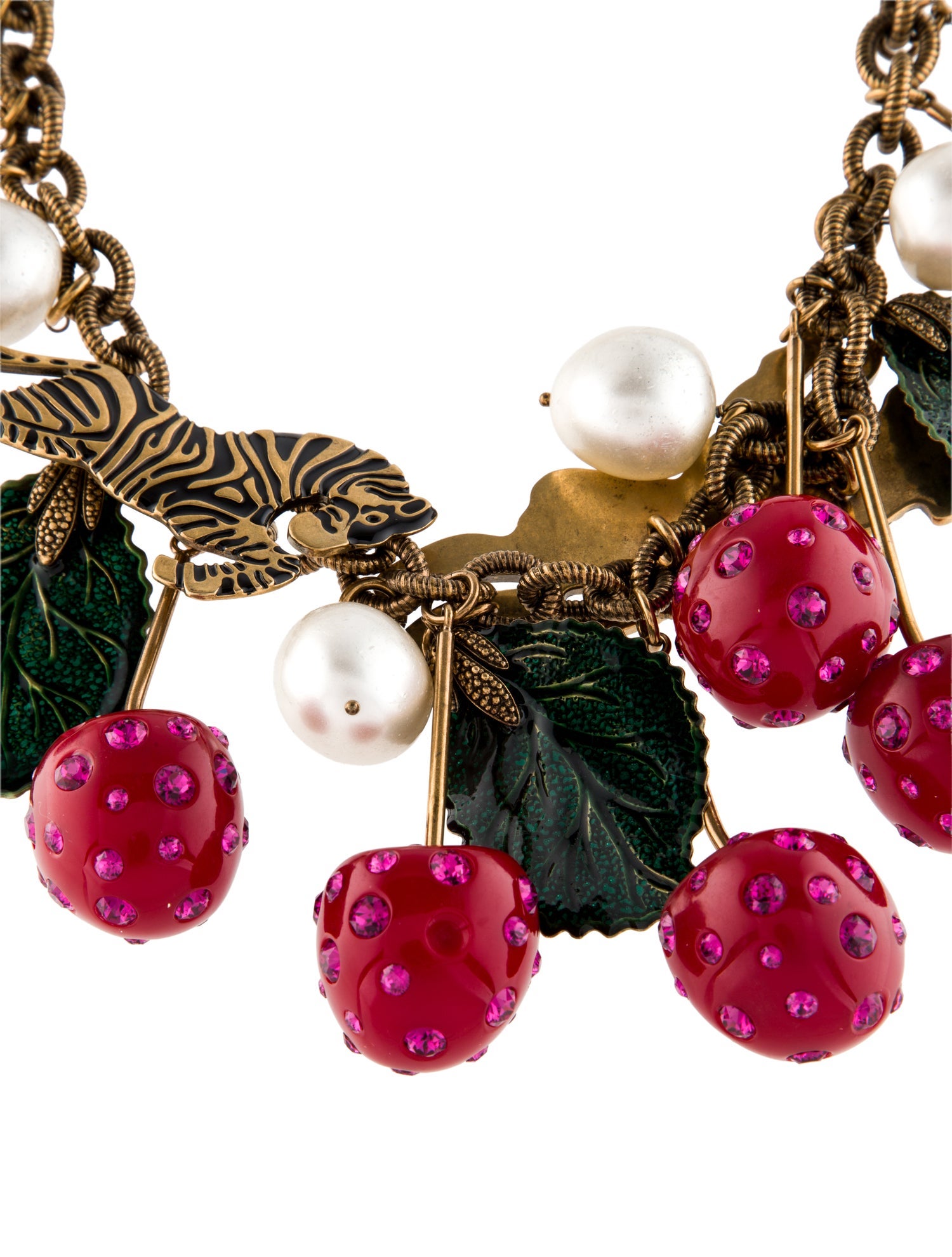 Gucci Faux Pearl, Resin, Enamel & Crystal Cherry Tiger Collar Necklace