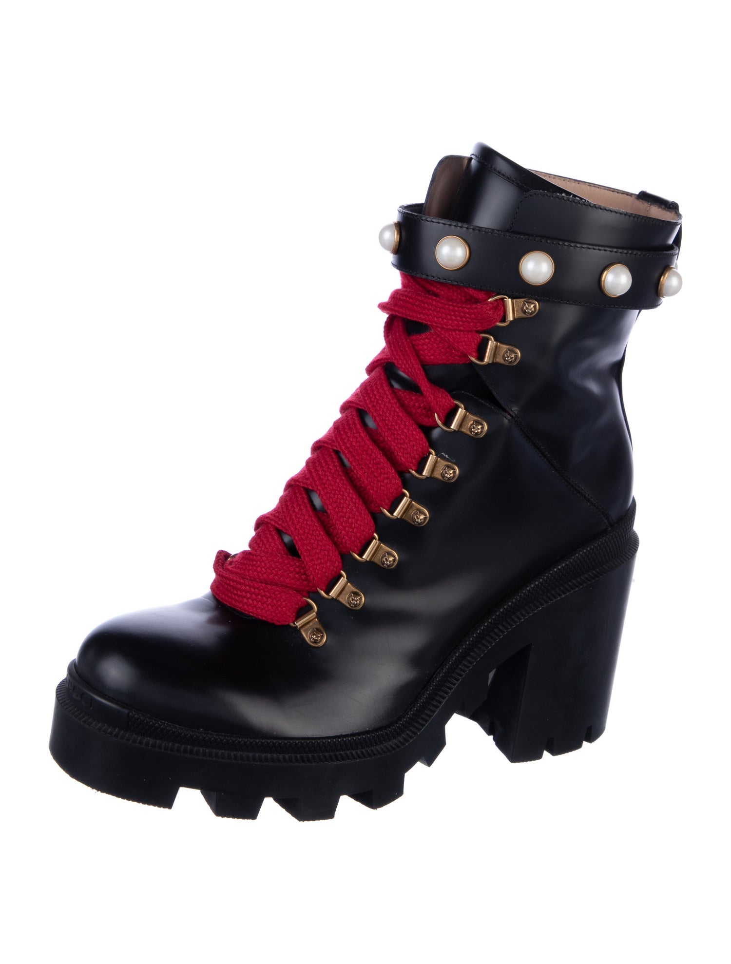 Gucci Faux Pearl Accents Leather Combat Boots