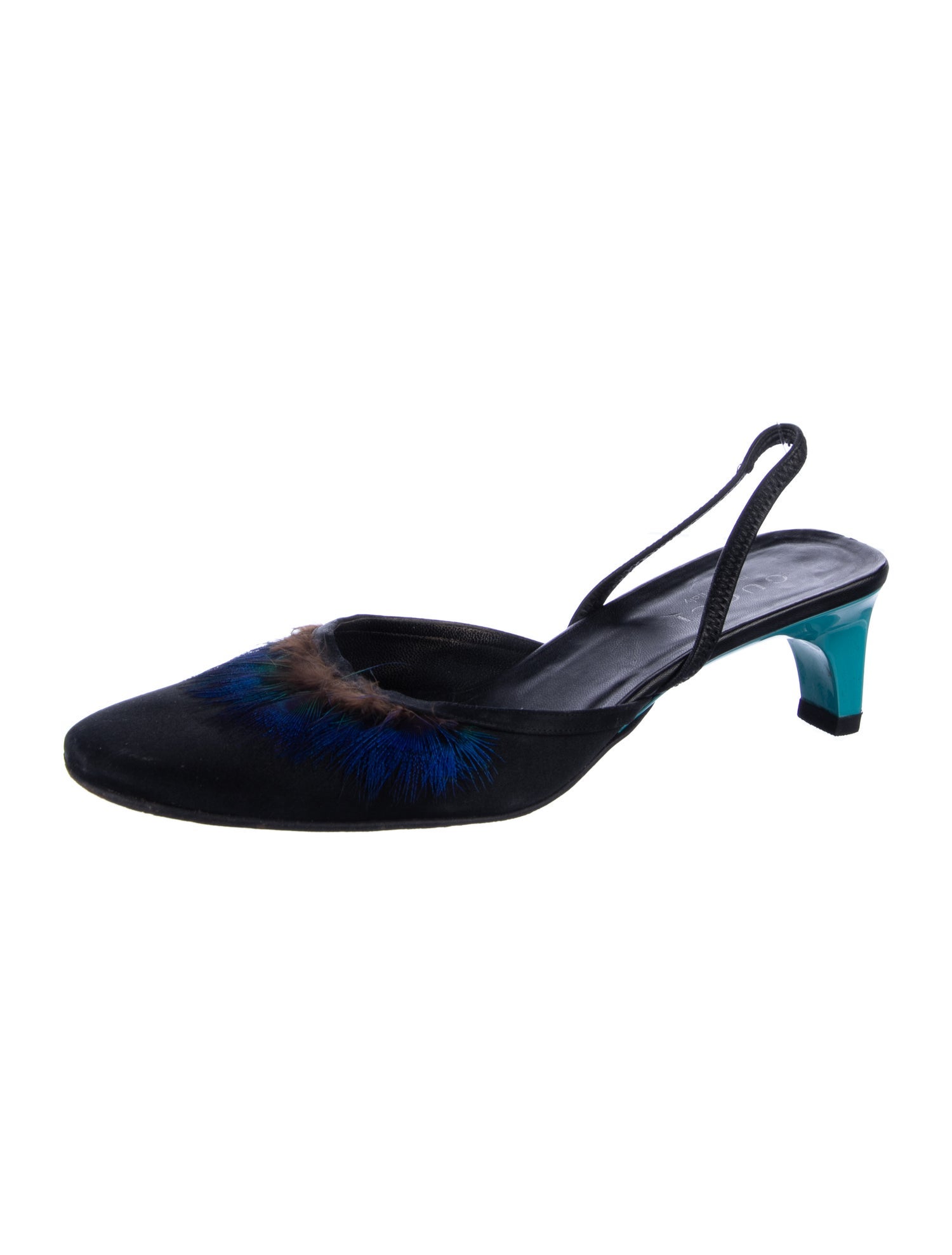 Gucci Satin Feather Trim Slingback Pumps