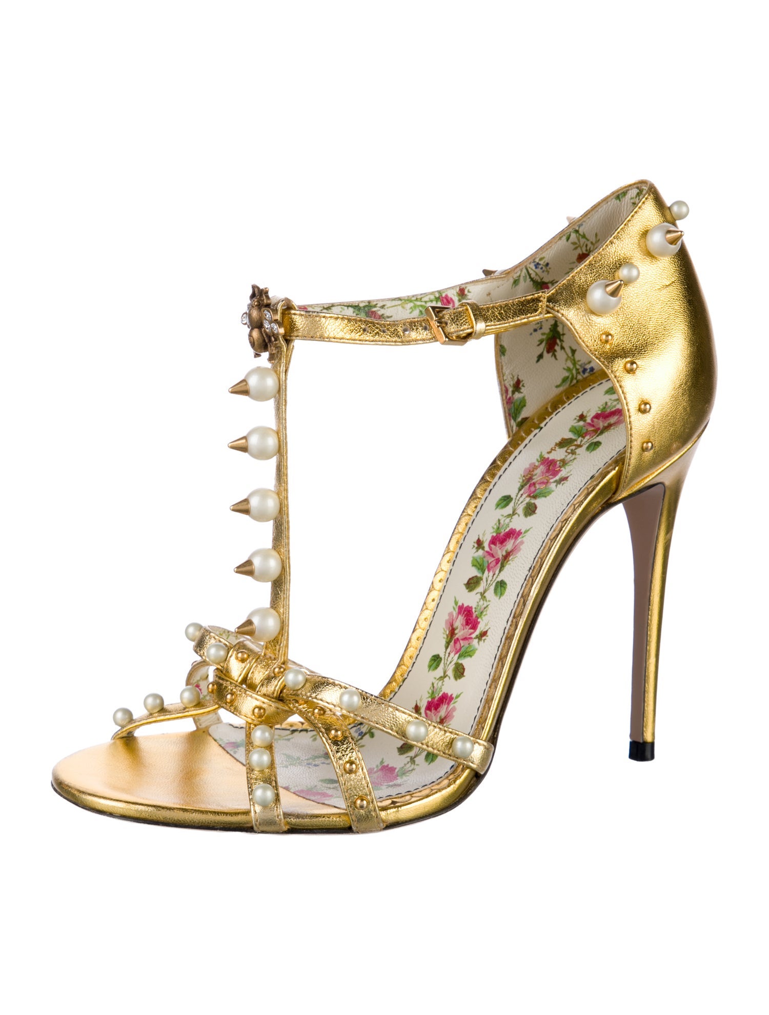 Gucci Faux Pearl Accents Leather T-Strap Sandals