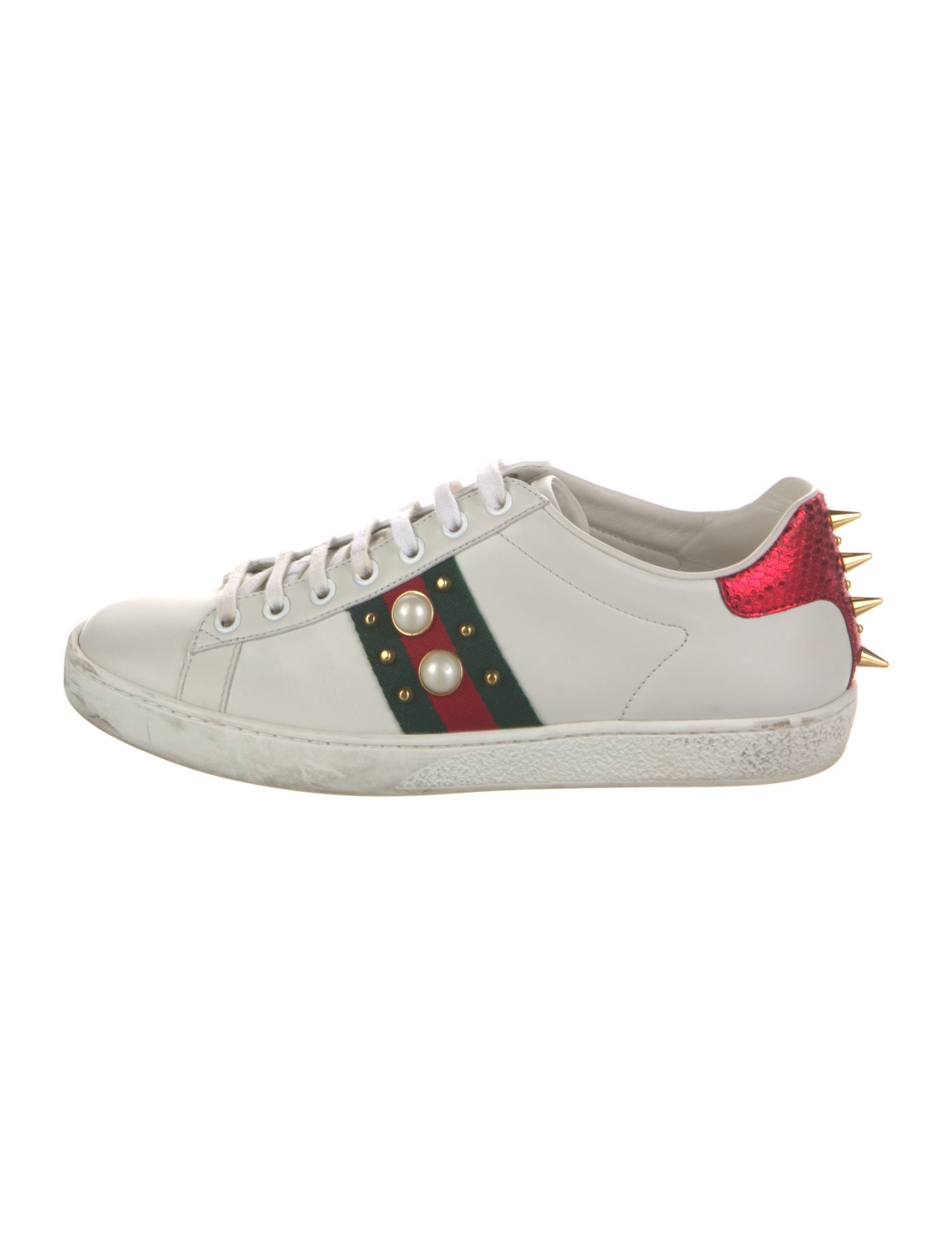 Gucci Faux Pearl Accents Leather Sneakers