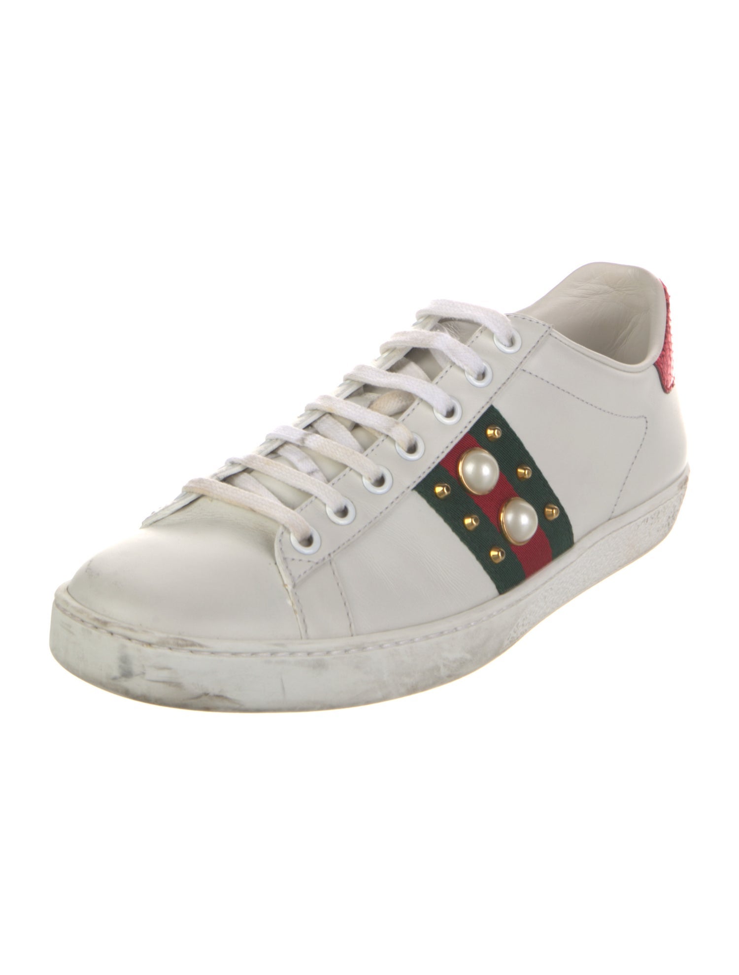 Gucci Faux Pearl Accents Leather Sneakers