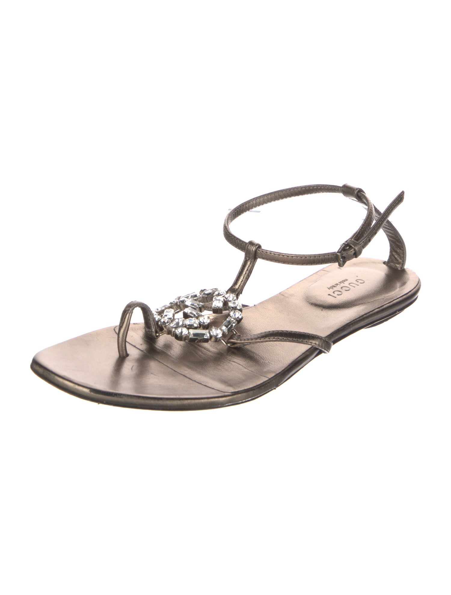 Gucci Leather Crystal Embellishments T-Strap Sandals