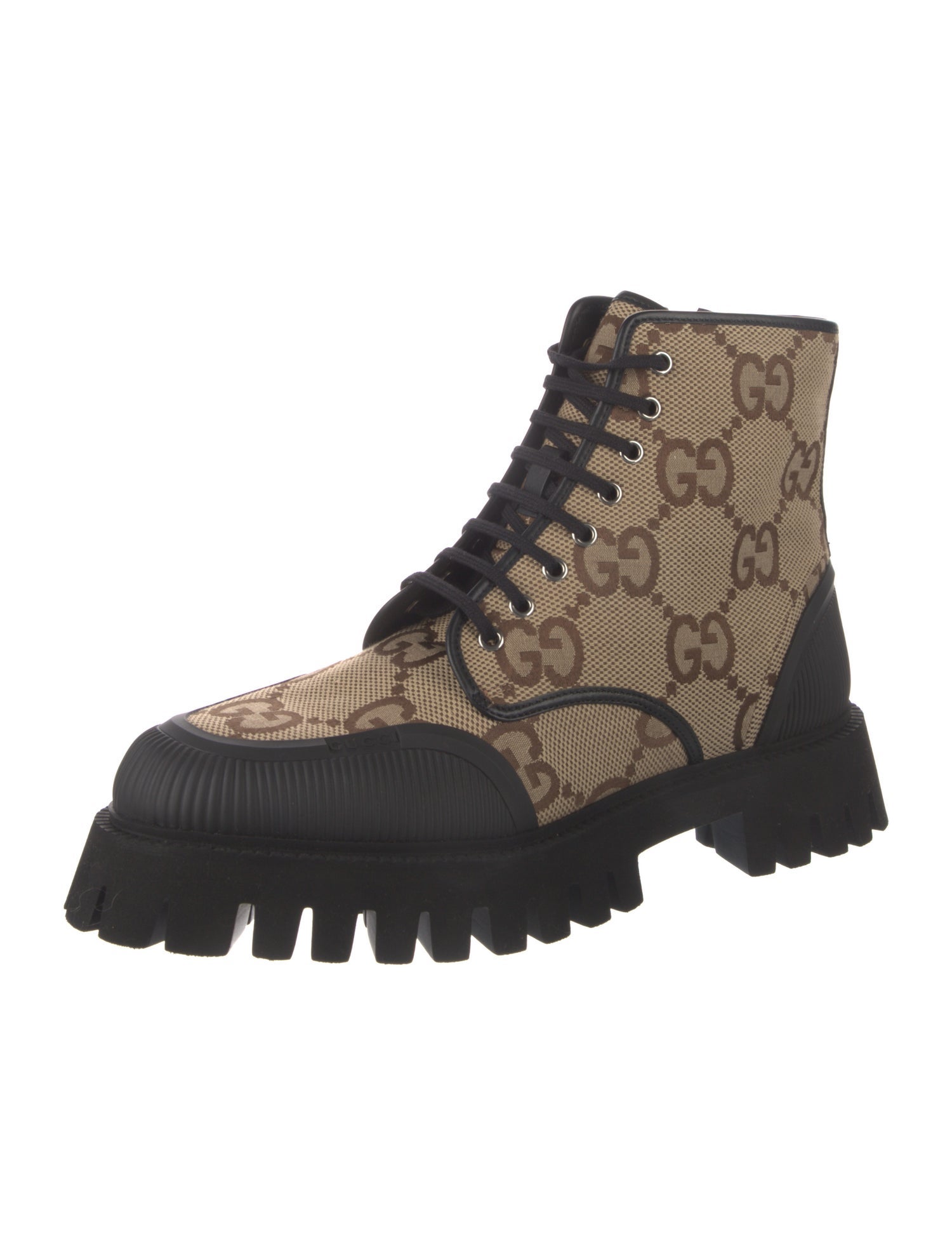 Gucci GG Canvas Leather Trim Embellishment Lace-Up Boots