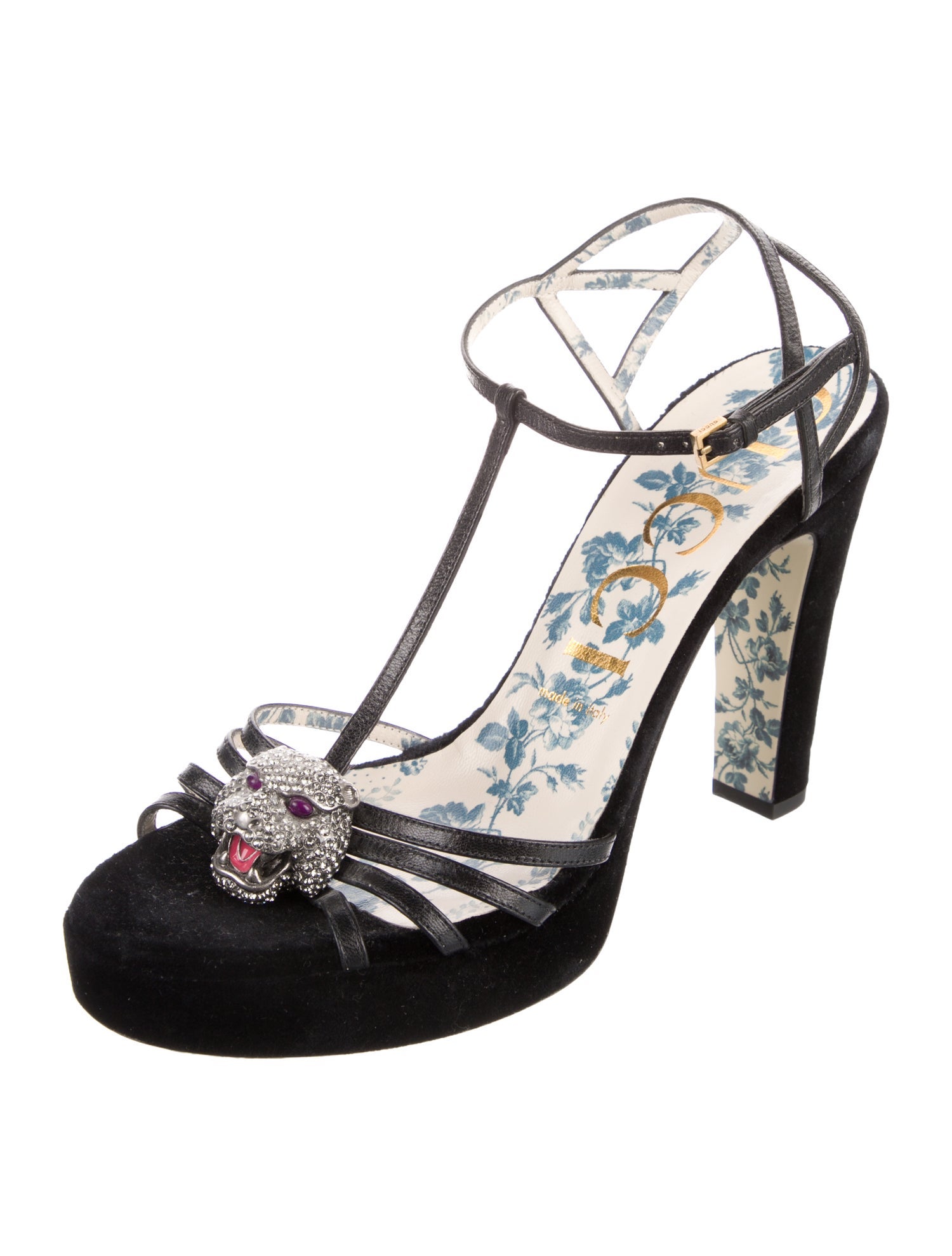 Gucci Tiger Head Accent Velvet T-Strap Sandals