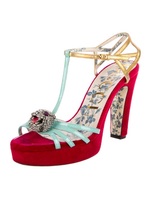 Gucci Feline Head Accent Velvet T-Strap Sandals
