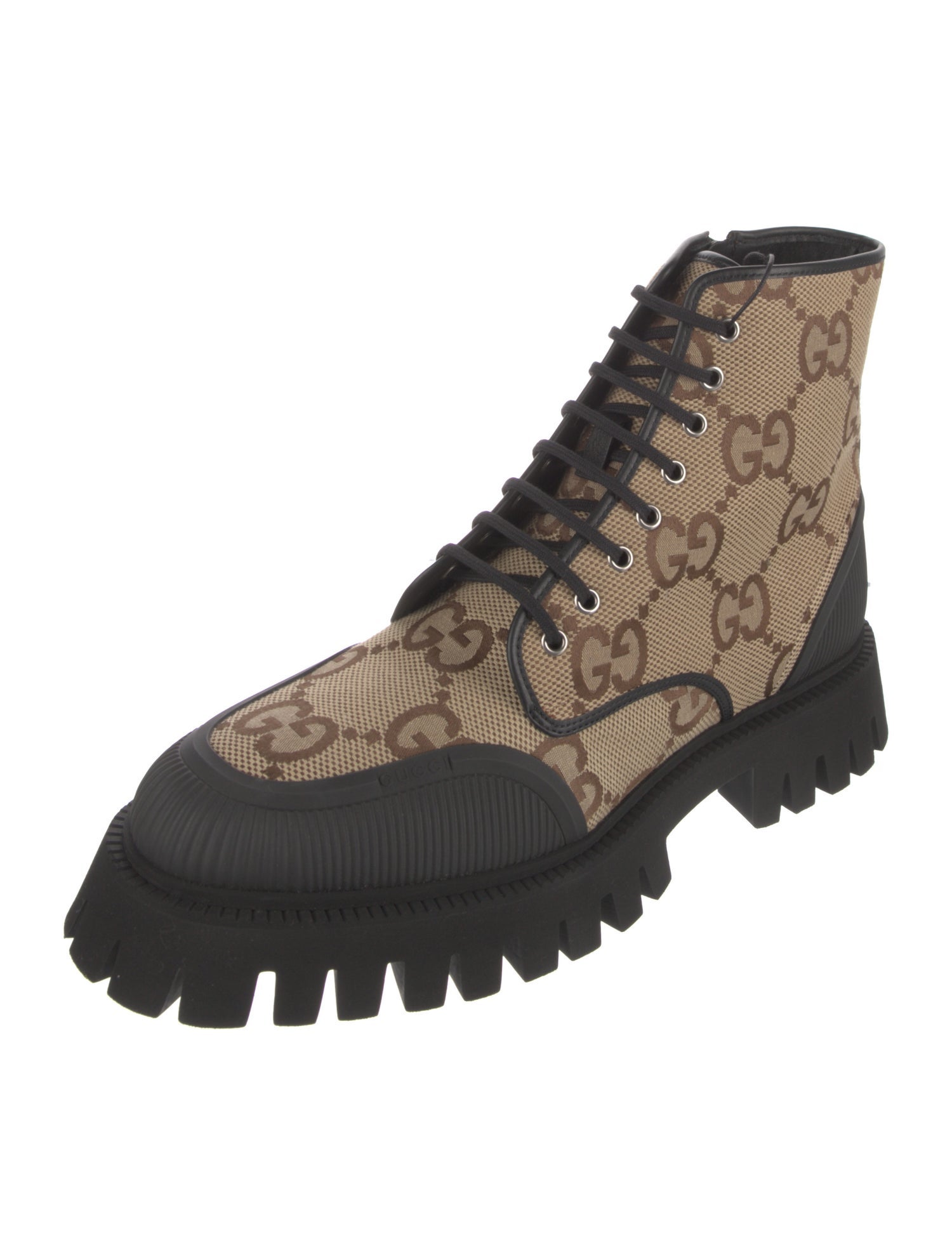 Gucci GG Canvas Leather Trim Embellishment Combat Boots