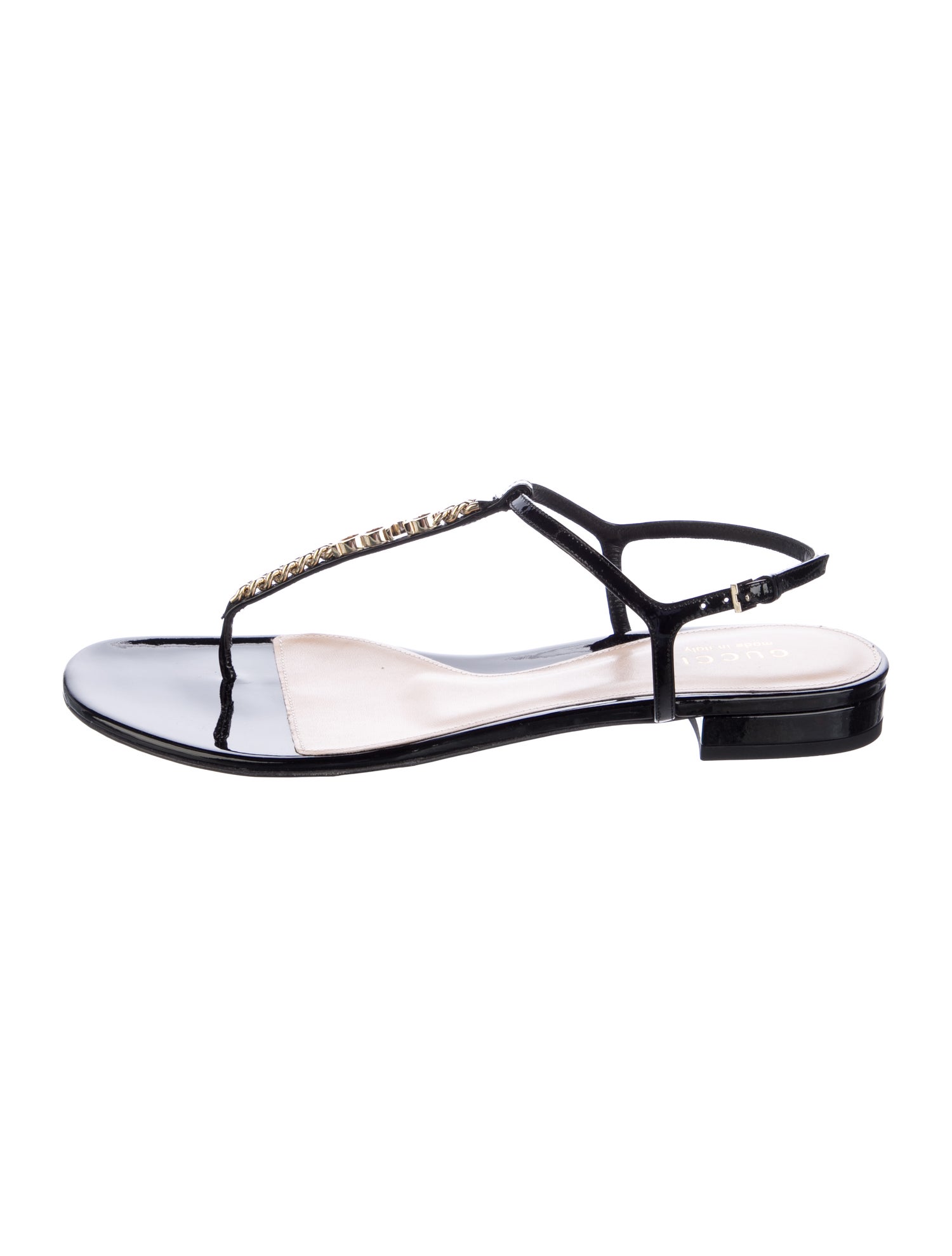 Gucci Hasler Horsebit Accent Patent Leather T-Strap Sandals