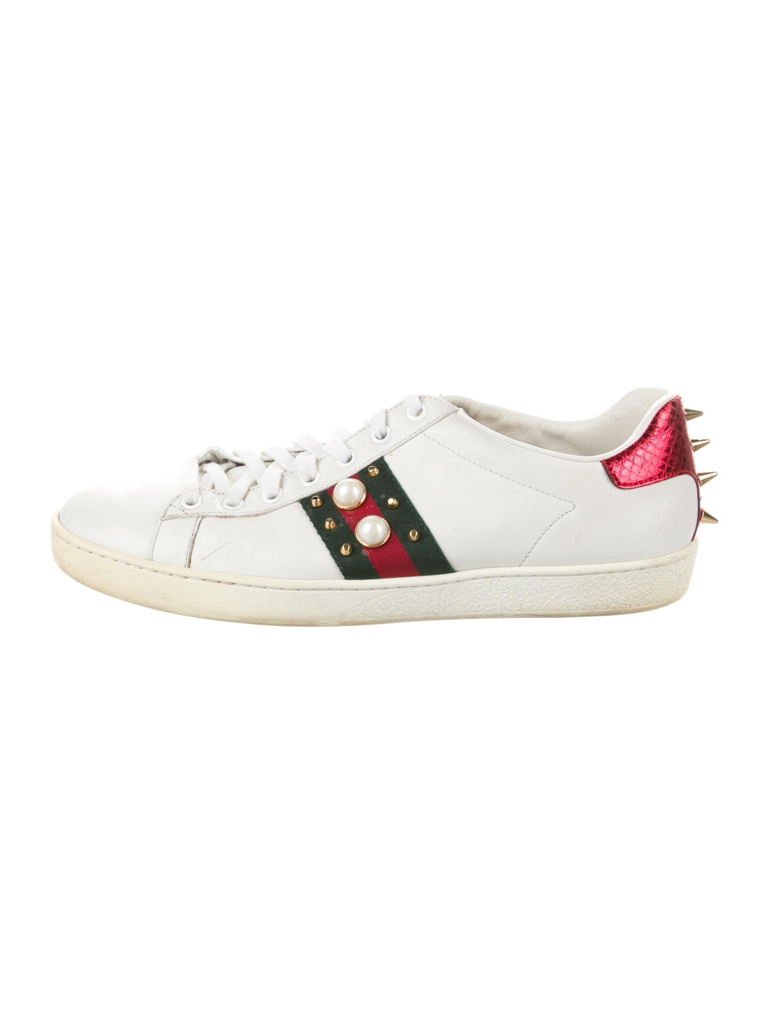 Gucci Faux Pearl Accents Leather Sneakers