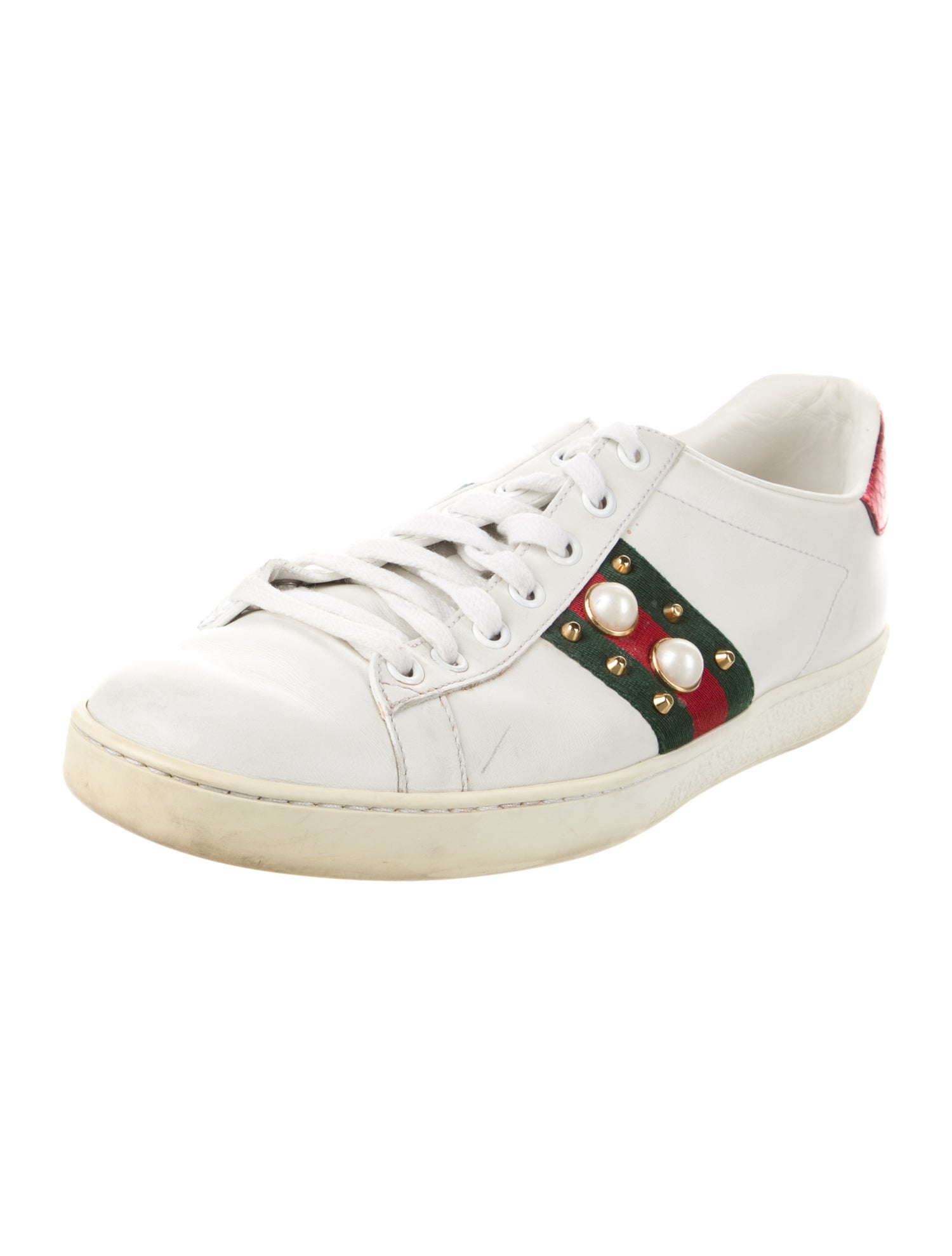 Gucci Faux Pearl Accents Leather Sneakers