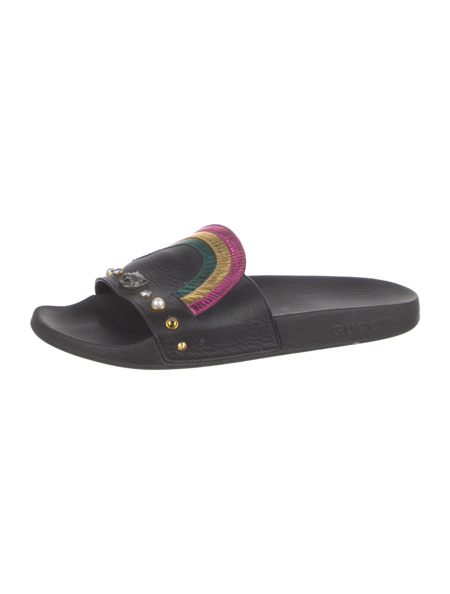 Gucci Faux Pearl Accents Leather Slides