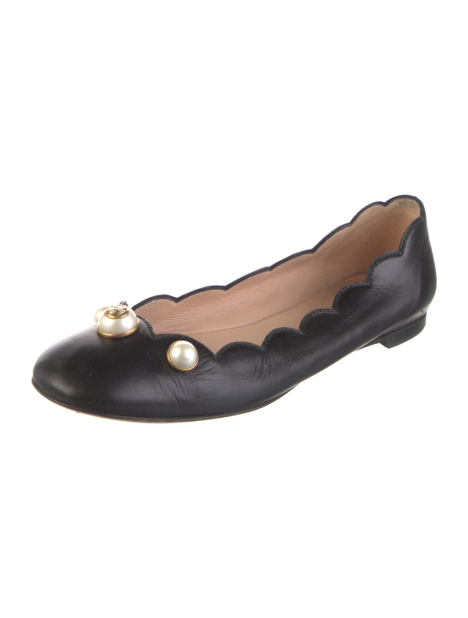 Gucci Faux Pearl Accents Leather Ballet Flats