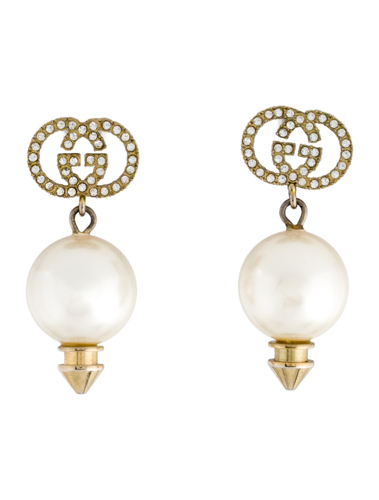 Gucci Crystal & Faux Pearl Interlocking G Drop Earrings