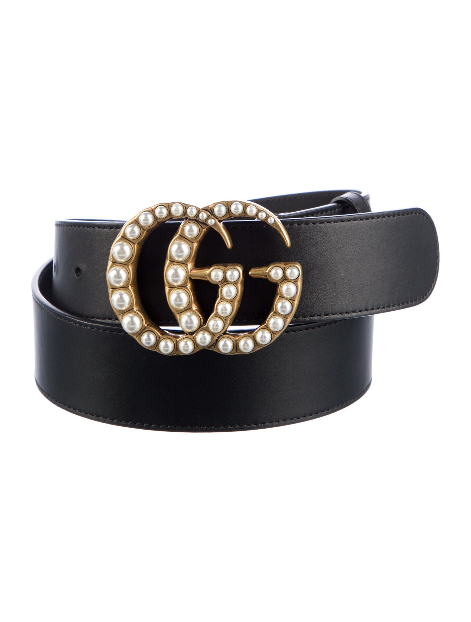 Gucci Faux Pearl Accents Leather Belt