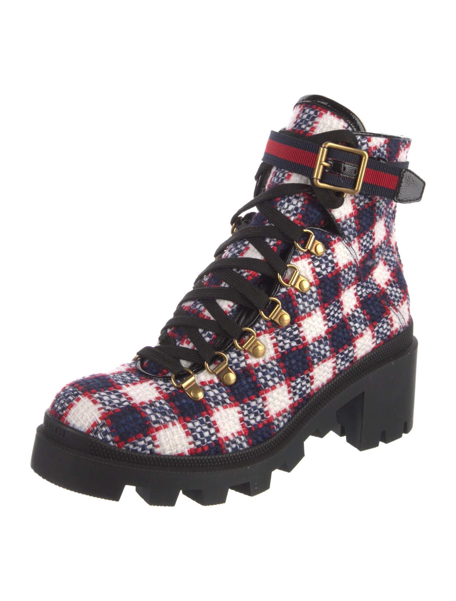 Gucci Sylvie Web Accent Tweed Lace-Up Boots