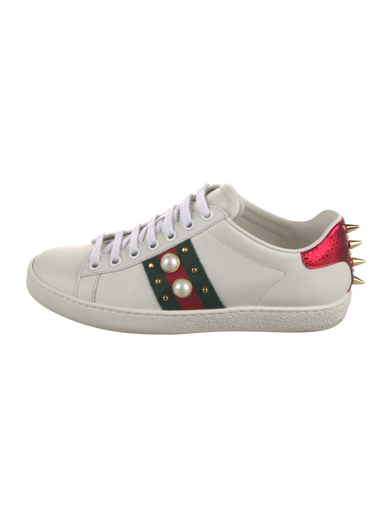 Gucci Faux Pearl Accents Leather Sneakers