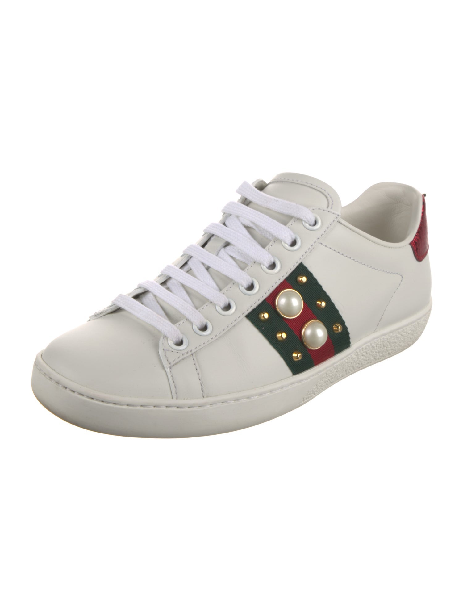 Gucci Faux Pearl Accents Leather Sneakers