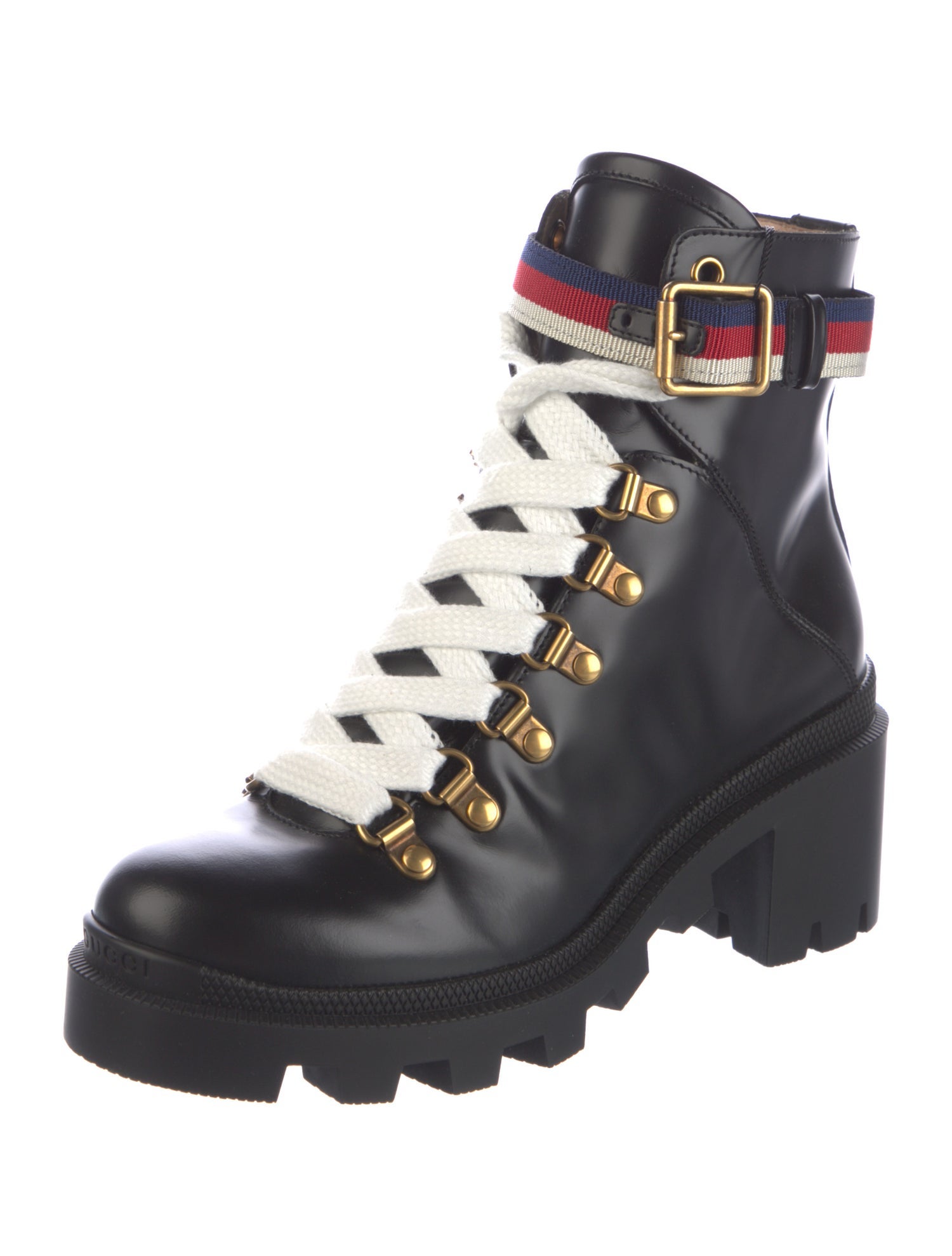 Gucci Sylvie Web Accent Leather Combat Boots