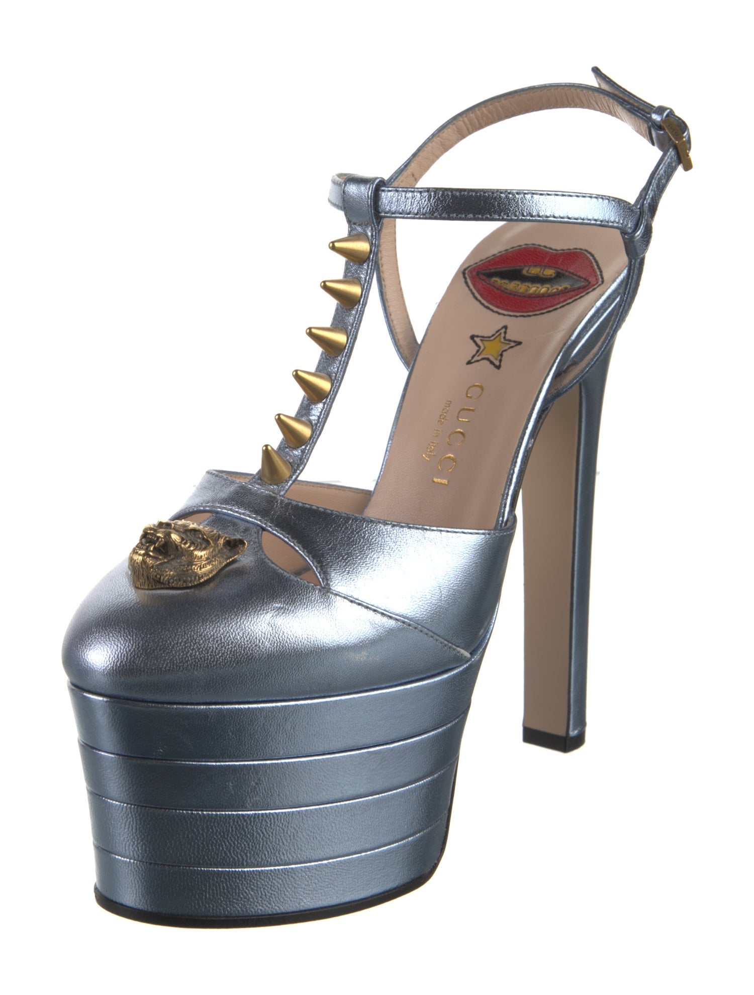 Gucci 2017 Gucci Angel Metallic Platform Pumps T-Strap Pumps
