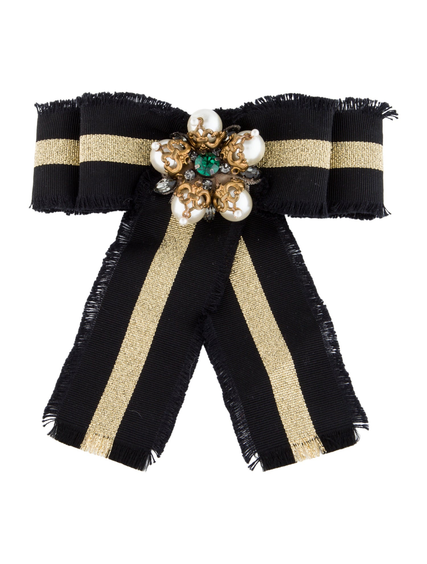 Gucci Crystal & Faux Pearl Web Grosgrain Bow Brooch