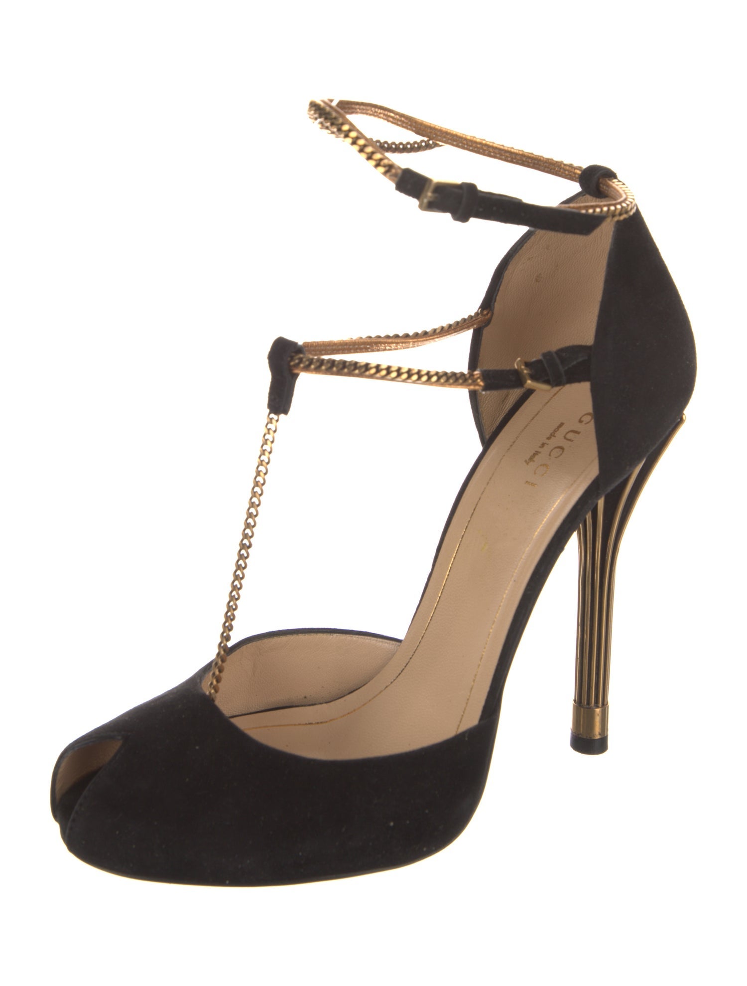 Gucci Suede Chain-Link Accents T-Strap Pumps
