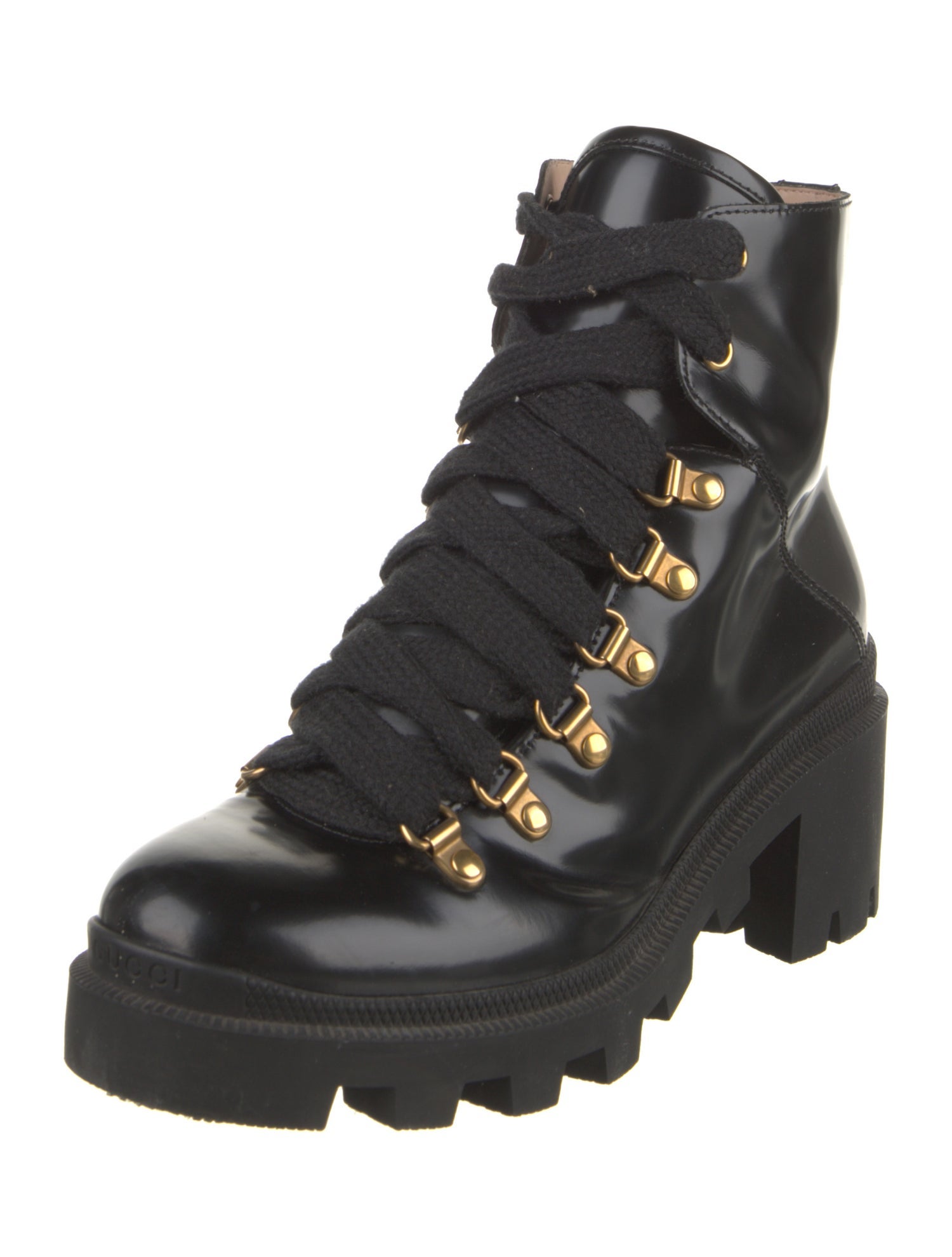 Gucci Sylvie Web Accent Patent Leather Combat Boots