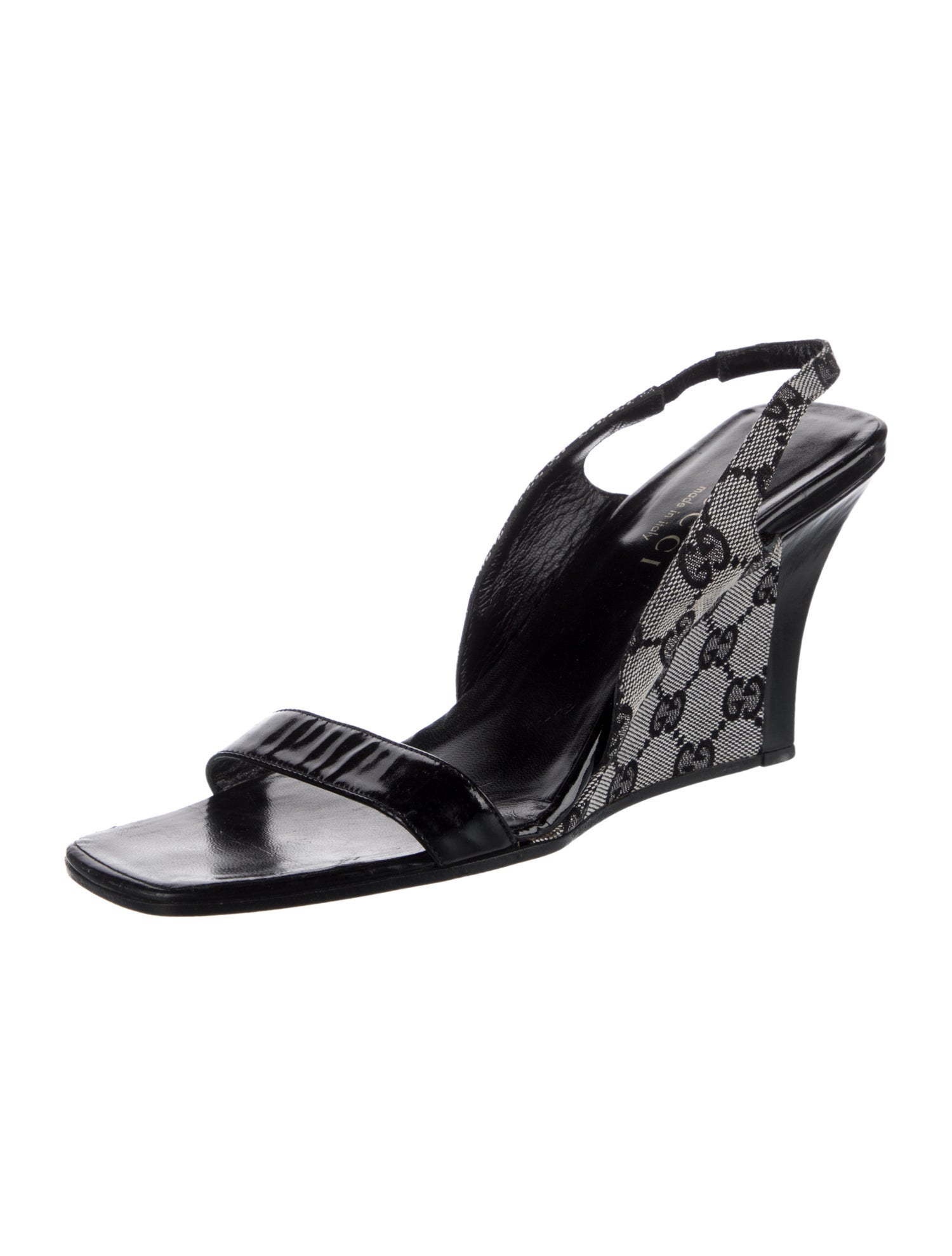 Gucci GG Canvas Patent Leather Slingback Sandals