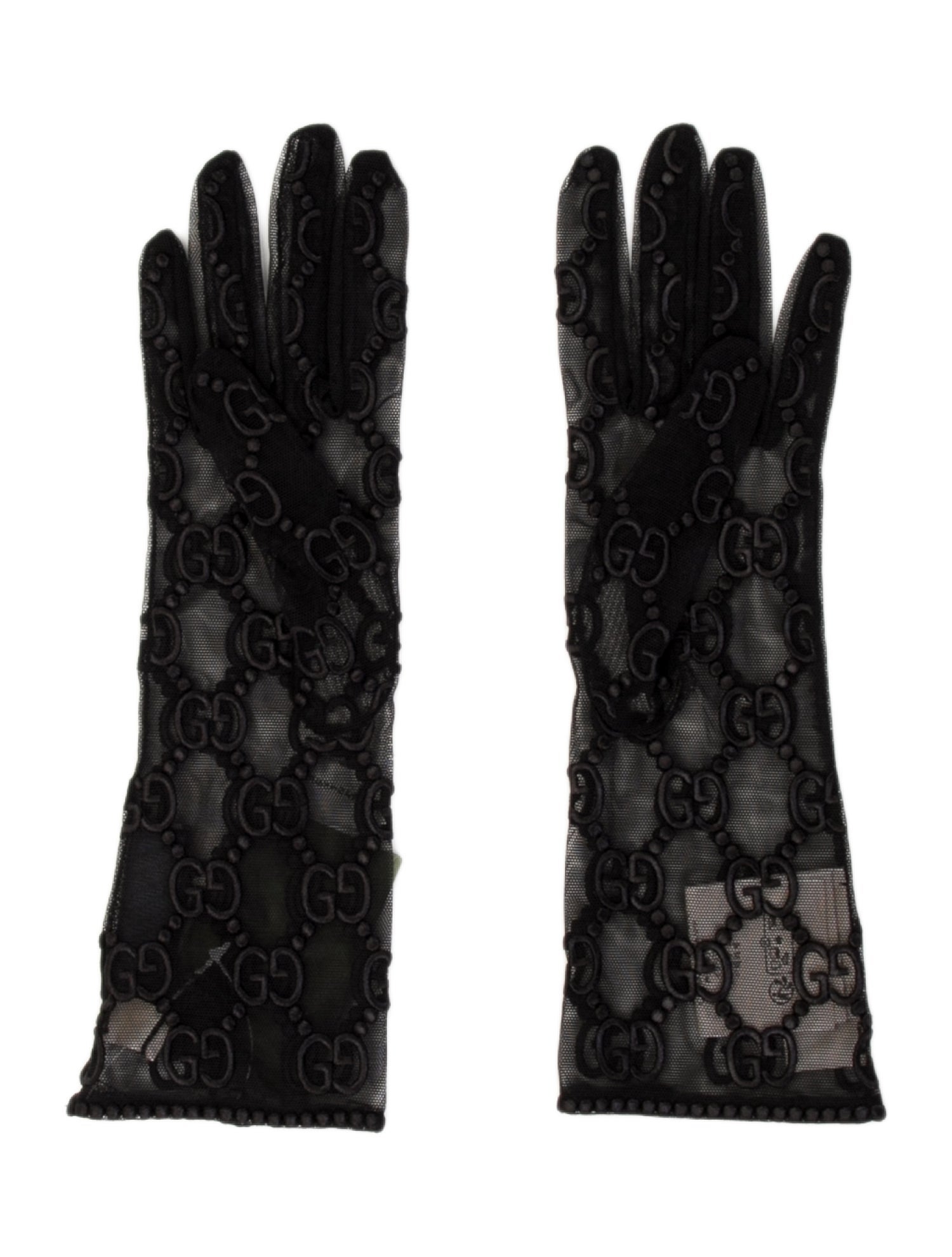 Gucci Black Synthetic-Blend GG Embroidery Pattern Net Gloves w/Tags