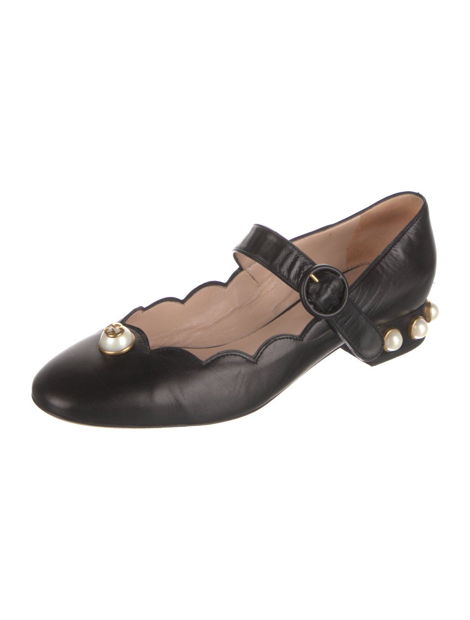 Gucci Faux Pearl Accents Leather Mary Jane Flats