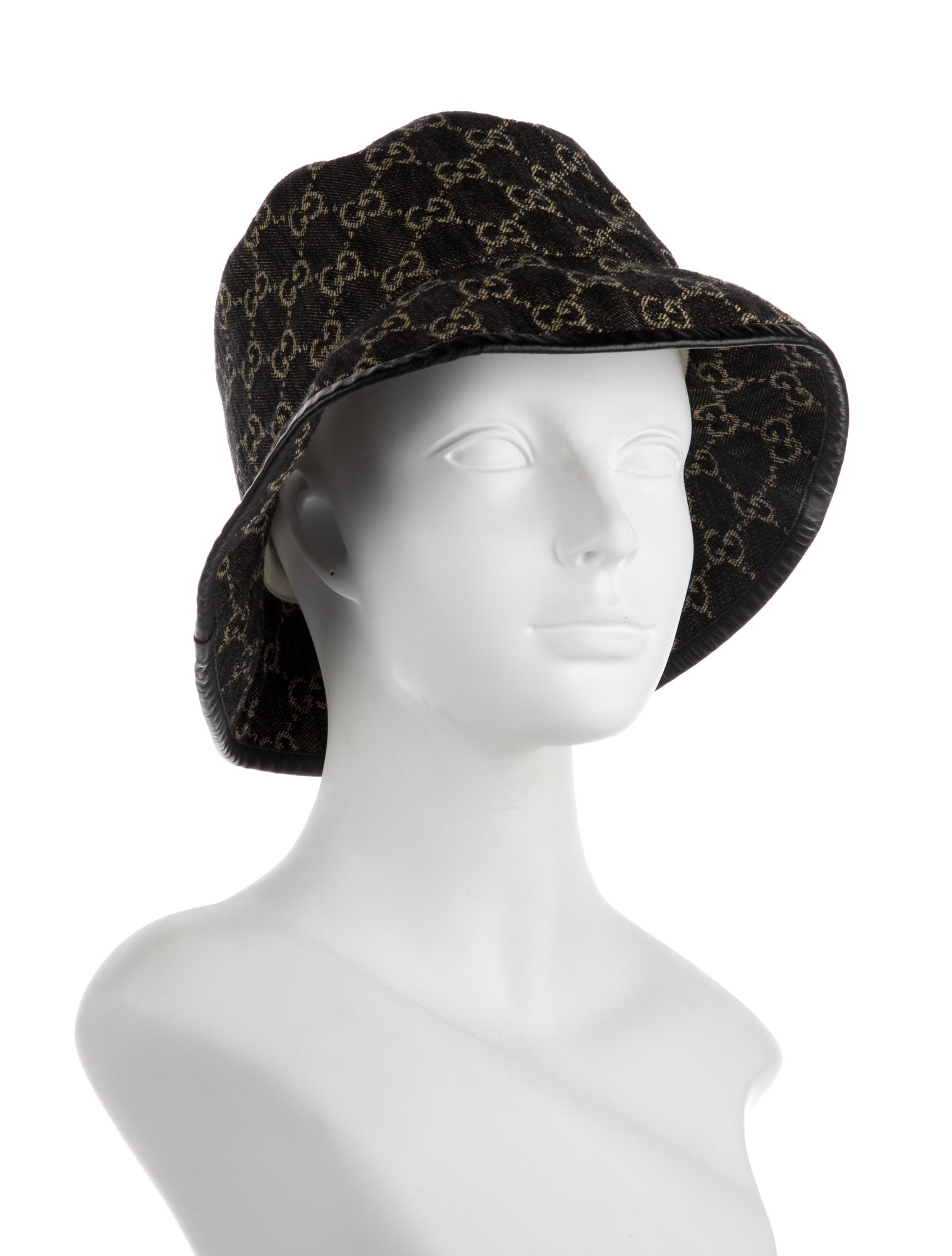 Gucci Black Denim Leather Trim GG Monogram Bucket Hat