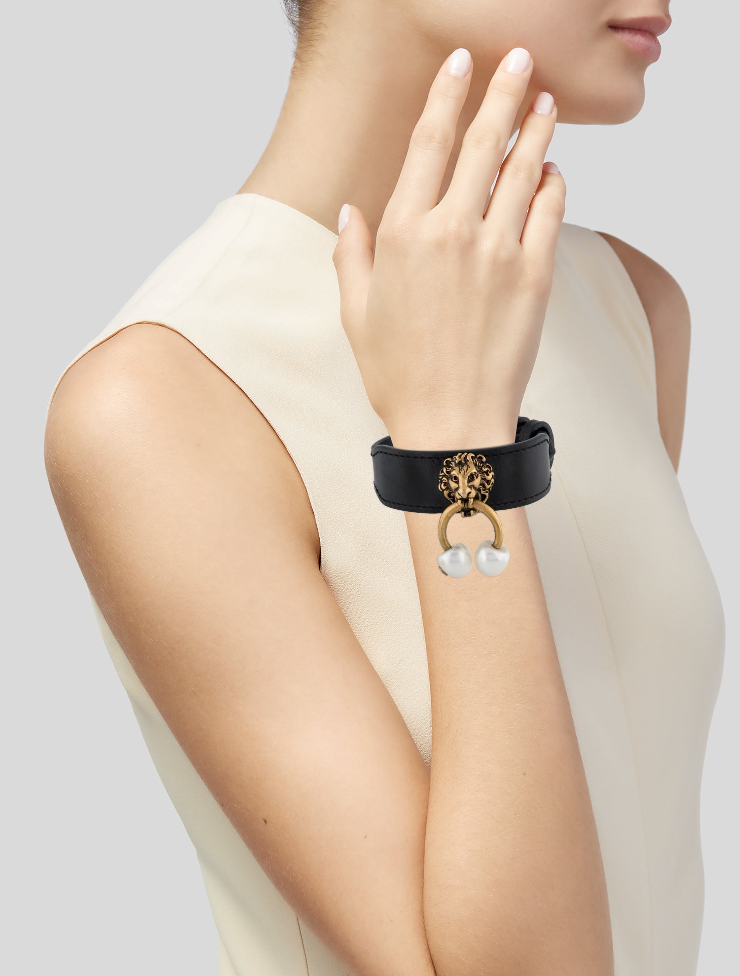 Gucci Faux Pearl & Leather Lion Head Wrap Bracelet