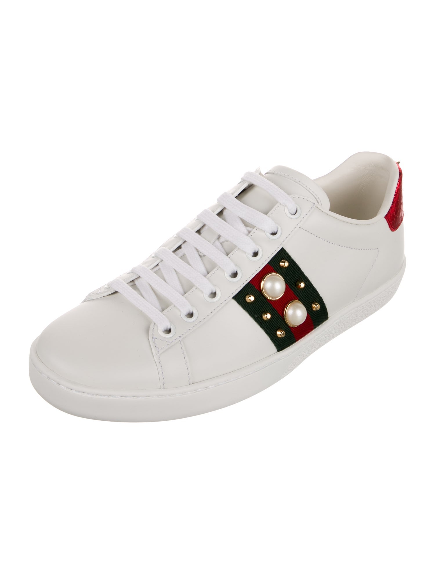 Gucci Faux Pearl Accents Leather Sneakers
